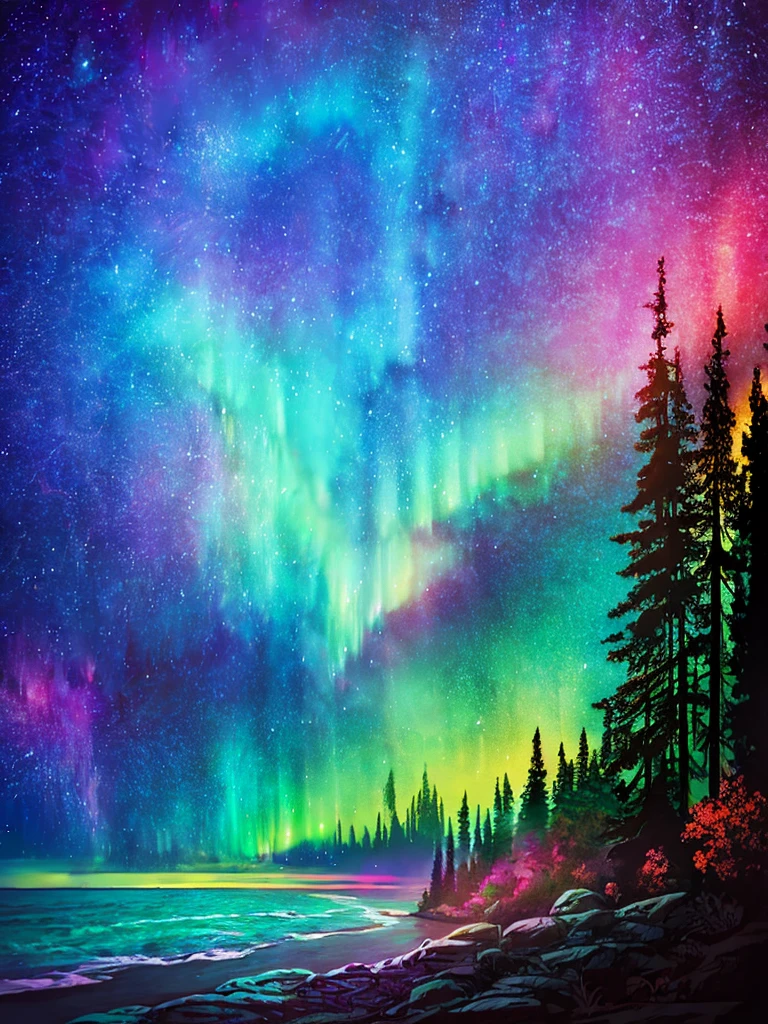 A view of a great lake with massive mountains populated with trees in the background with a multicolored aurora borealis shinning above it all