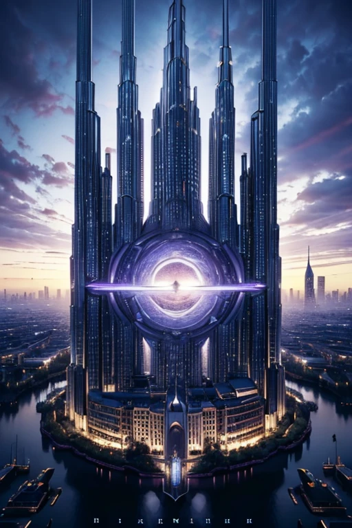 ((master piece)), best quality, (8k, best quality, masterpiece:1.2), ultra-detailed, illustration, big fantasy city, Science fiction, ethereal city, Floating city, many planets in the skies, clouds around, celestial architecture, purple energy scarring around, Giant castle in the center, astral skies