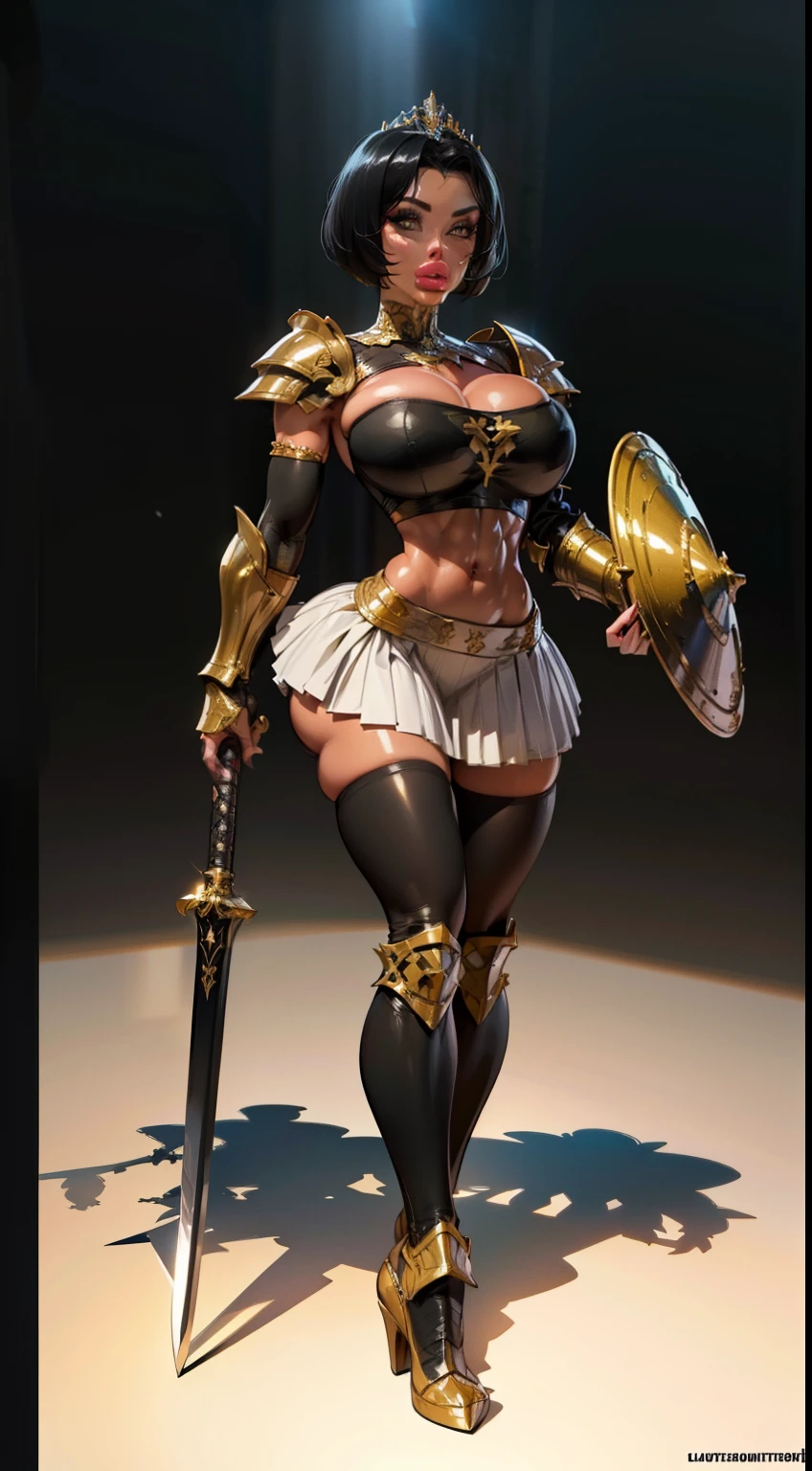 woman, bobcut, blondehair, ((black skin:1.4)), adorned in medieval armor, twerking, metal muscles, emanating a medieval elegance and marvel, armor pump boots, chrome reflective bra, chrome silver tiara, small armband, (shoulder armor), gauntlets, armored skirt, sword, shield, exposed midriff, (puffy lips:1.3), detailed eyes, ((slendered abs )),((huge breastull bodied), wide hips, (puffy lips:1.5), slender abs,rim lighting, side light, cinematic light, ultra high definition, 8k, film grain,best shadow, light particles, detailed skin texture, detailed gem armor texture, detailed face, intricate details, super detailed, bright, spiked heel boots