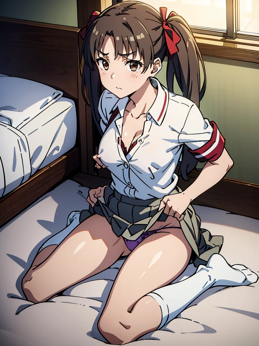 ((highest quality, 8K, A Certain Science Super Electromagnetic Cannon: 1.3, RAW photo)), sharp focus 1.5,woman,brown hair twintails,16-year-old high school student,Slender,open legs((Light Blue Panties,bra)),(((white shirt and gray miniskirt)))((Kuroko Shirai))(((red ribbon))),(((Unbutton your shirt and reveal your nipples,sit on a love hotel bed)))(((Super Loose Socks,loafers)))burst into laughter,((green armband))Low - Angle