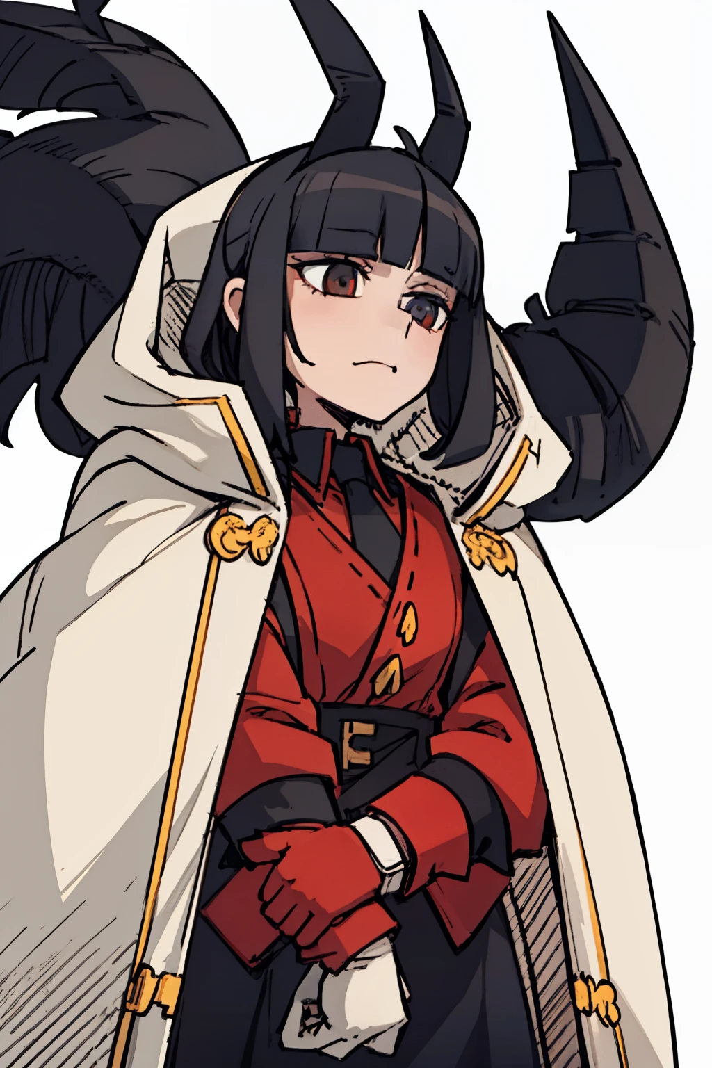 ((a woman,front,whole body)),cloak,black hair,White Devil Horn,White background,Native American,feather