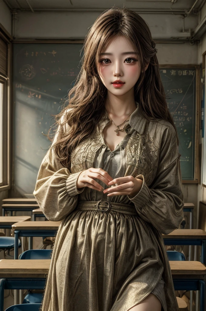 a charm girl, wink eye, heart hands, classroom, dreamlike art, dreamy, enhance, intricate, (best quality, masterpiece, Representative work, official art, Professional, 8k)