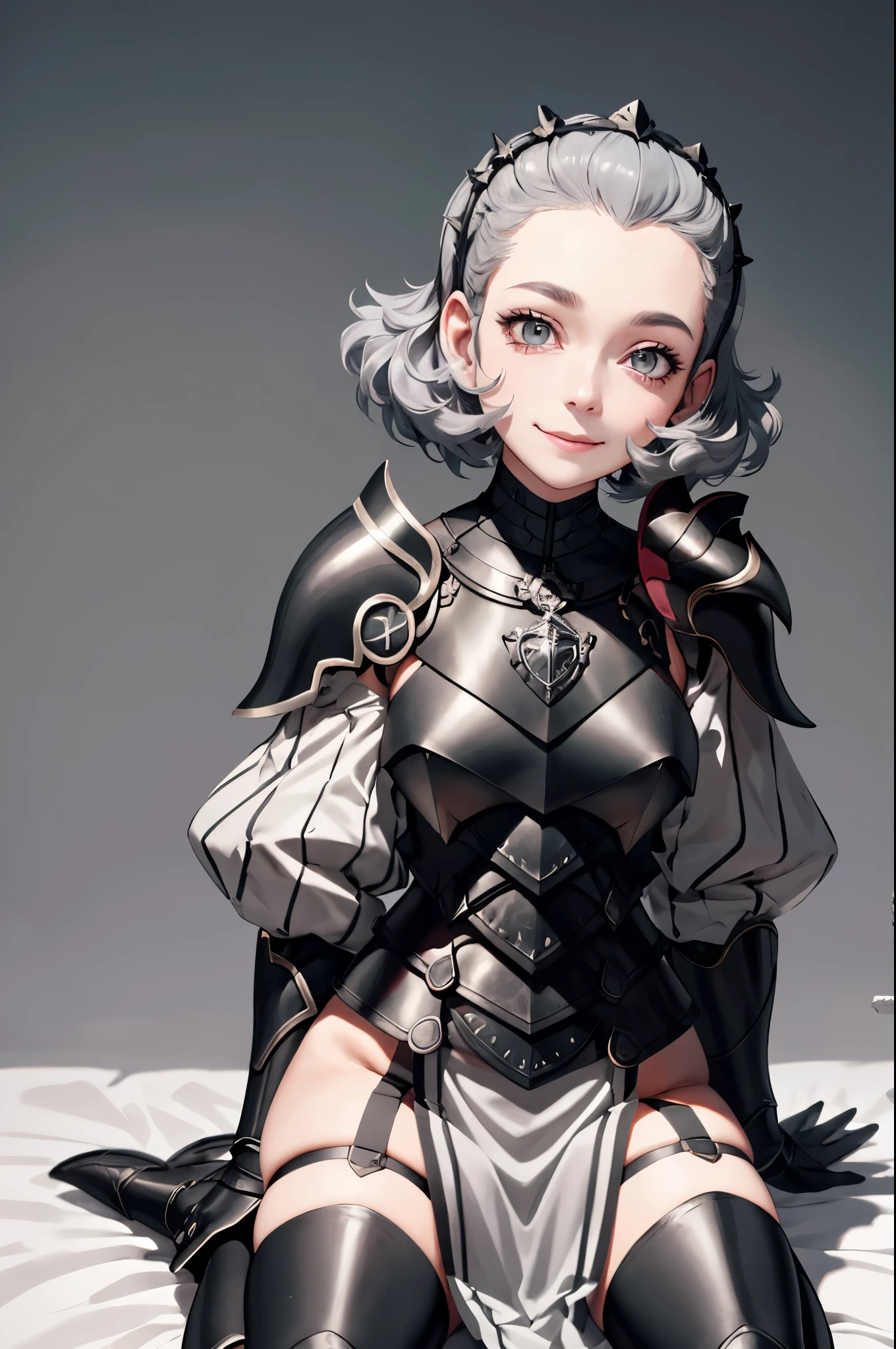 masterpiece, best quality, feSophie, hairband, armor, black gloves, thighhighs, white pelvic curtain, armored boots, upper body, looking at viewer, smile, closed mouth, field, sky, kneeling, hand to own chest, pov