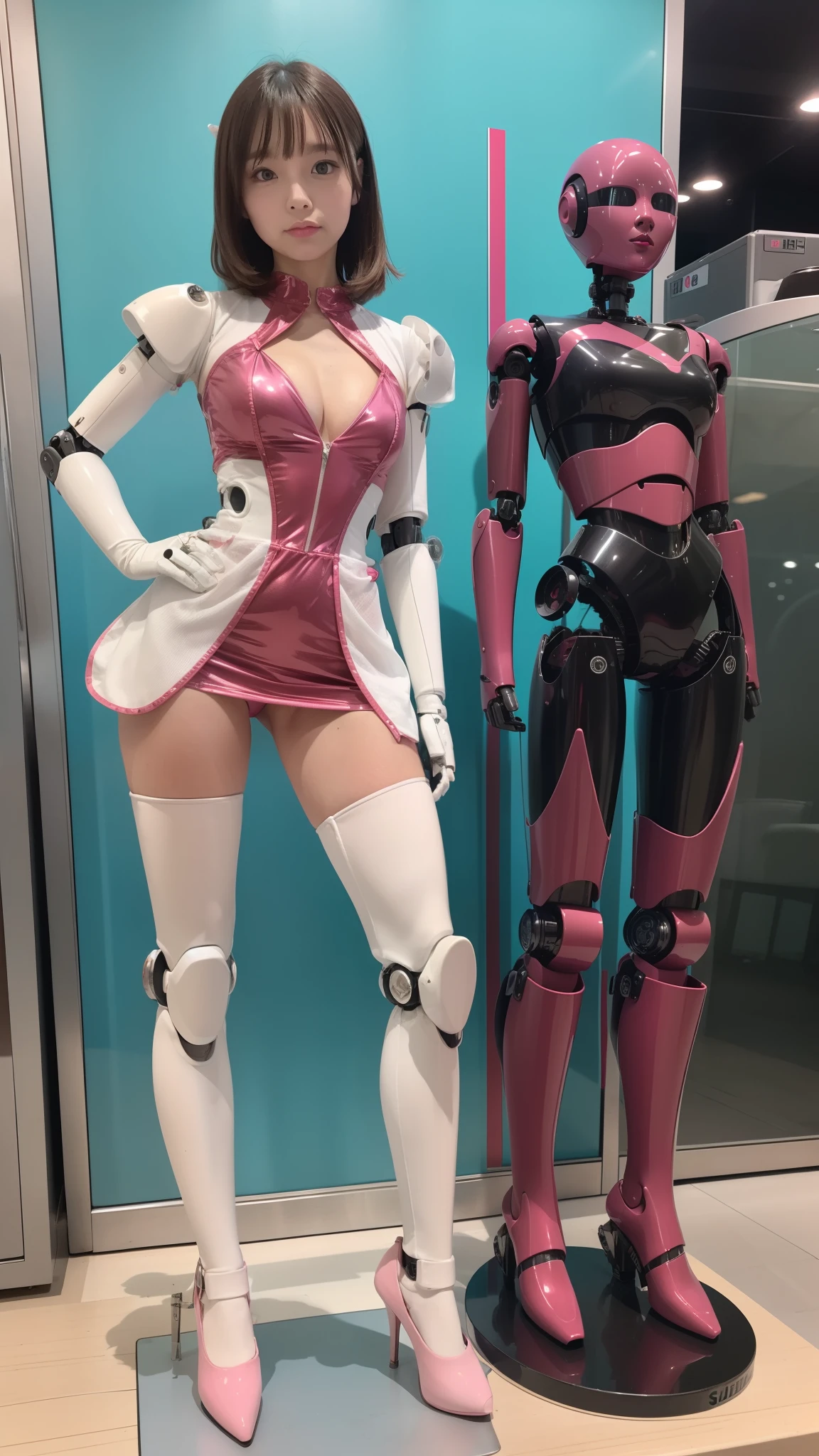 Robot Girl, pink there, Silver, Metallic body, Robot Parts, Metal Parts, Super Detailed Face, Super well-formed face, of the highest quality, a small face, a small head, Brown hair, Slender body, Camera gaze, Internal Mechanical Exposure, Idol, front facing, Well-proportioned body, sale, Exhibited, Event Hall, Moe Pose, pink metallic ta dress machine armor, Standing with legs open, Model body type, sad, Embarrassing,(Perfect Robot Girl),(Perfect machine body)