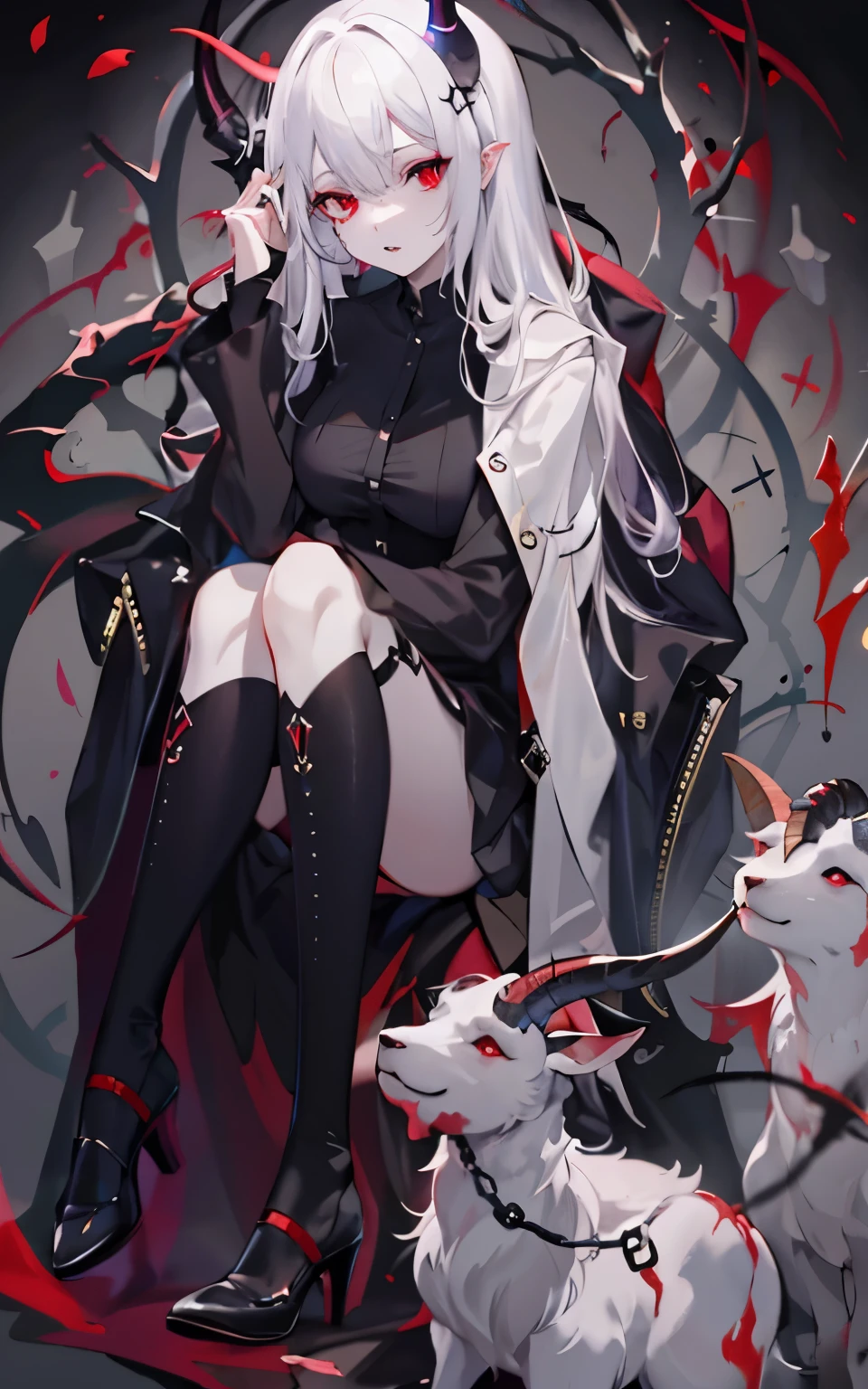pale skin,dark风,wearing leg rings,long white hair,black eye shadow,red eyes,Abstinence,dark,goat horn,sickle,grim Reaper,sitting,High heel