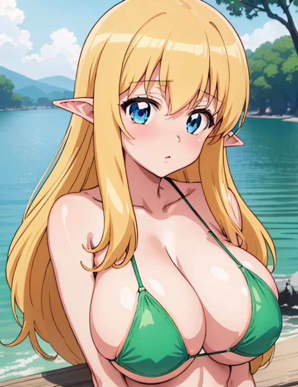 (masterpiece, best quality, high resolution, anime colored, anime screencap, 8k, detailed), tifania, The Familiar of Zero, blue eyes, blush, elf, long hair, pointy ears, blonde hair, sagging large breasts, cleavage, green micro bikini, (from Front), (upper body:1.5), sitting, looking at view, sunshine, lake, 