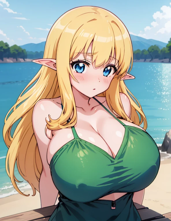 (masterpiece, best quality, high resolution, anime colored, anime screencap, 8k, detailed), tifania, The Familiar of Zero, blue eyes, blush, elf, long hair, pointy ears, blonde hair, sagging large breasts, cleavage, green micro bikini, (from Front), (upper body:1.5), sitting, looking at view, sunshine, lake,