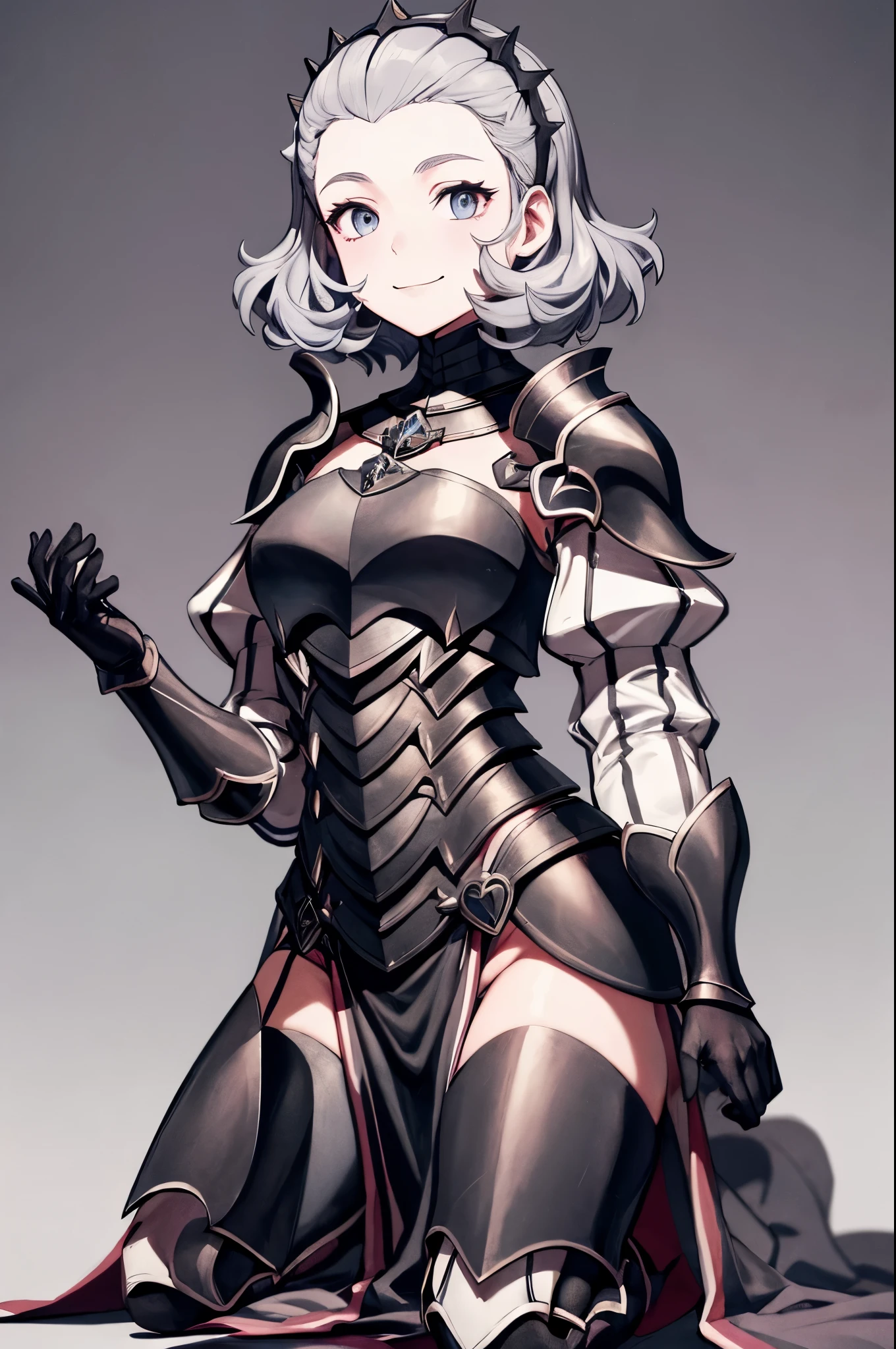 masterpiece, best quality, feSophie, hairband, armor, black gloves, thighhighs, white pelvic curtain, armored boots, upper body, looking at viewer, smile, closed mouth, field, sky, kneeling, hand to own chest, pov 