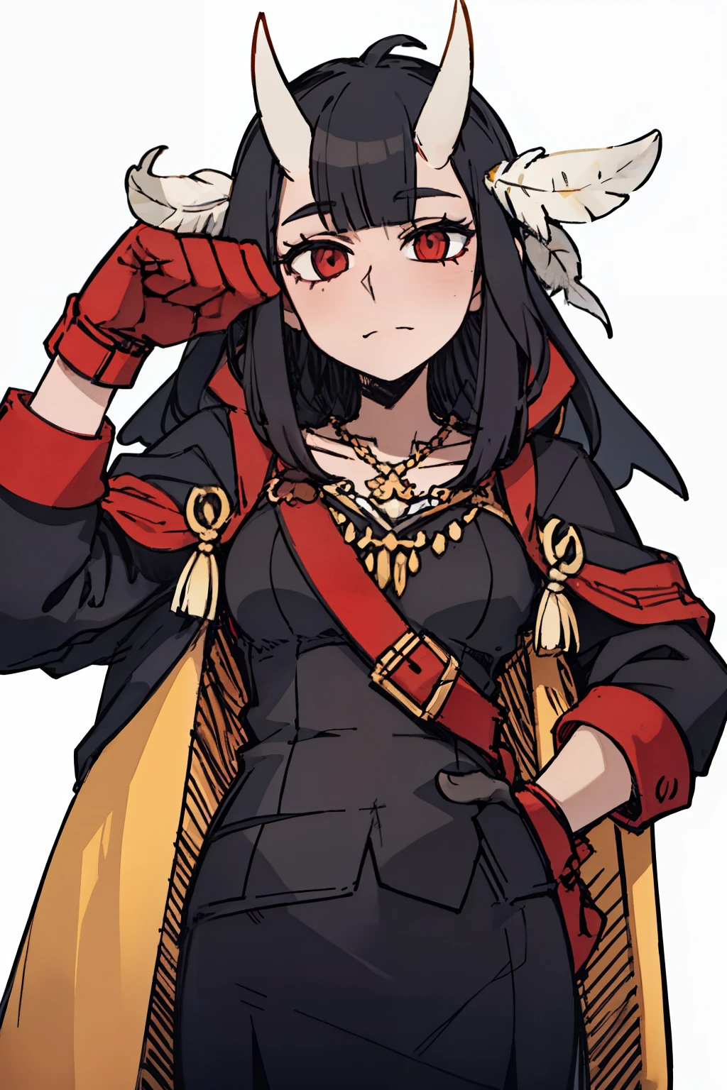 ((a woman,front,whole body)),cloak,black hair,White Devil Horn,White background,Native American,feather
