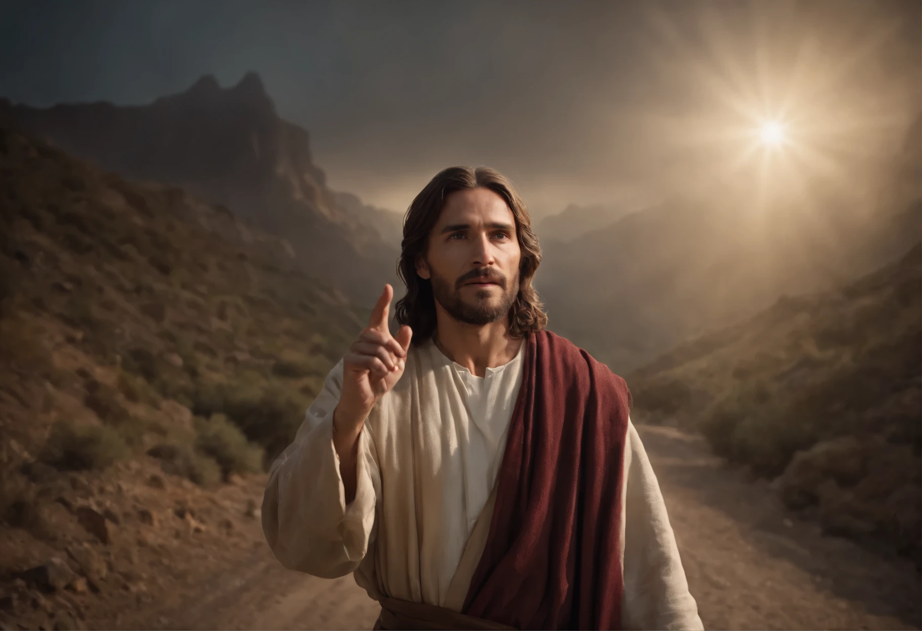 Create an image prompt in English depicting a man in the midst of darkness, with Jesus Christ holding his hand and pointing towards a road leading to paradise, symbolizing that He is the way, the truth, and the life. Emphasize the transformative journey from darkness to light, using a visually engaging and compelling composition. Consider incorporating elements that resonate with hope, faith, and the guidance provided by Jesus.