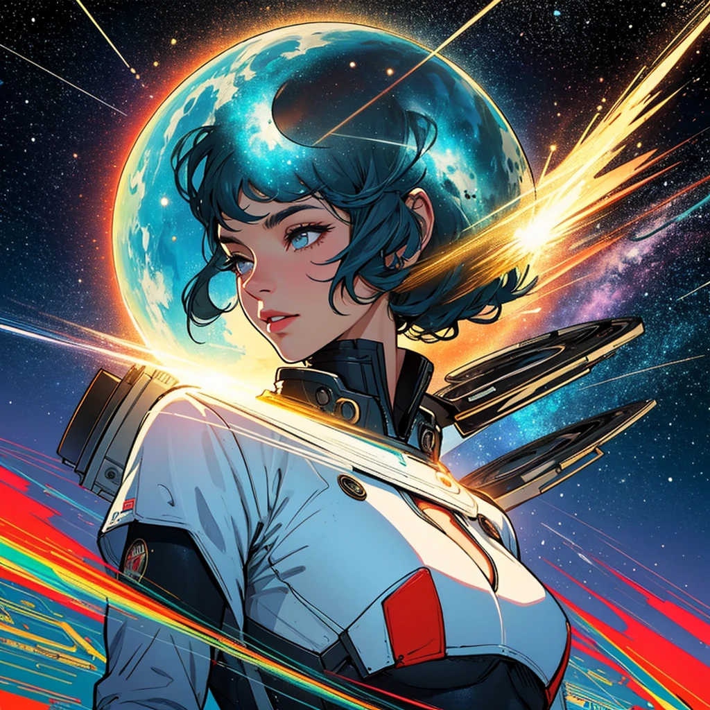 (((32k))),(((highest quality))),(Perfect One Woman),60's,70's,80&#39;s,old movie posters,retro,vintage,bauhaus,abstract,Space Thriller Movie Poster,Futuristic,shape,OK,cosmos,galaxy,satellite,mechanical,Geometric pattern,meteor,meteorite,planet,very delicate,宇宙飛OK士,Milky Way,big breasts,cleavage,rainbow,