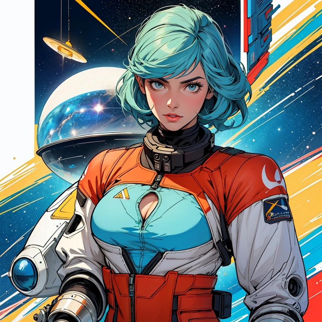 (((32k))),(((highest quality))),(Perfect One Woman),60's,70's,80's,old movie posters,retro,vintage,bauhaus,abstract,Space Thriller Movie Poster,Futuristic,shape,OK,cosmos,galaxy,satellite,mechanical,Geometric pattern,meteor,meteorite,planet,very delicate,宇宙飛OK士,Milky Way,big breasts,cleavage,rainbow,massive stream of light,flare,overlay,
