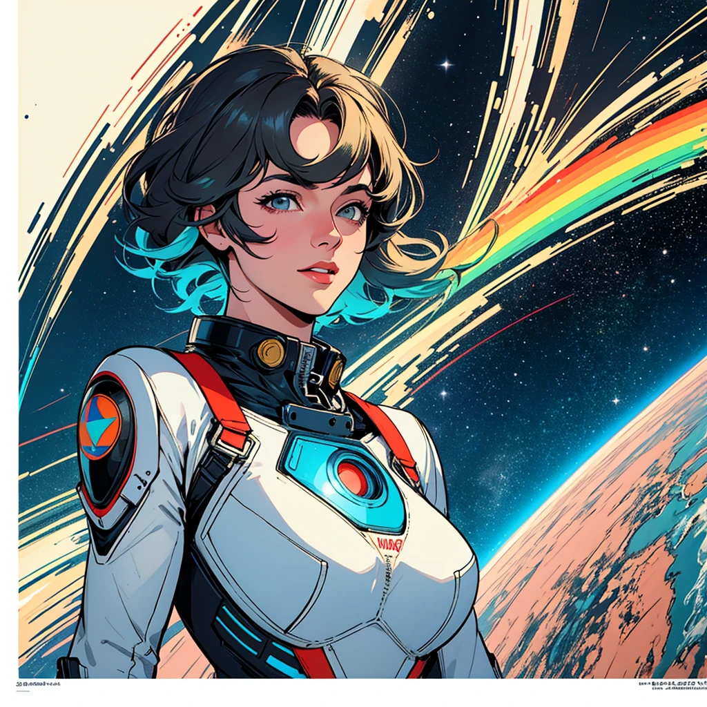 (((32k))),(((highest quality))),(Perfect One Woman),60's,70's,80&#39;s,old movie posters,retro,vintage,bauhaus,abstract,Space Thriller Movie Poster,Futuristic,shape,OK,cosmos,galaxy,satellite,mechanical,Geometric pattern,meteor,meteorite,planet,very delicate,宇宙飛OK士,Milky Way,big breasts,cleavage,rainbow,