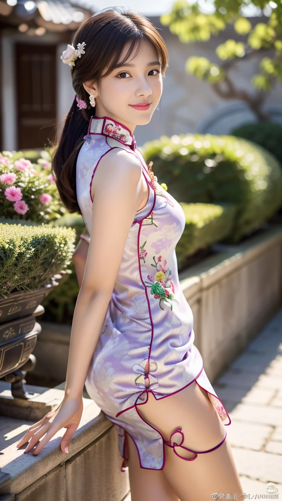 ulzzang -6500-v1.1, (Raw foto:1.2), (Photorealsitic:1.4), Delicate beautiful girl,The sparkling eyes have a very nice atmosphere.......................,13years, Attractive eyes and moist lips,cabelos preto e longos,(ssmile:1.3),Detailed depiction of the face,Formula details,Detailed depiction of facial features Star Masterpiece Fine Detail,Describe your role in detail,Detailed depiction of hair,Carefully drawn ,My body is bumpy,Detailed depiction of the hand,Clothes drawn in detail,Detailed depiction of the face,face perfect,Detailed depiction of the hand,4fingers and 1thumb:1.3),orthofacial,choker necklace,eardrop, Works of masters,Infinitely close to reality,(Full body photo:1.5),Highest image quality,best qualtiy,infinite details,8K分辨率,(((Beautiful patterned embroidered cheongsam 1.5)))((Pink lavender cheongsam long dress))),(Ancient courtyard scene:1.3),A smile, Constriction of the lower back, sexy pose,Bold poses, Beautiful legs visible through the slit of a long skirt, large full breasts, neatly bunched hair,(Full Body),(cute face:1.15),(huge breasts:1.2)high-heels,big hips, medium thighs