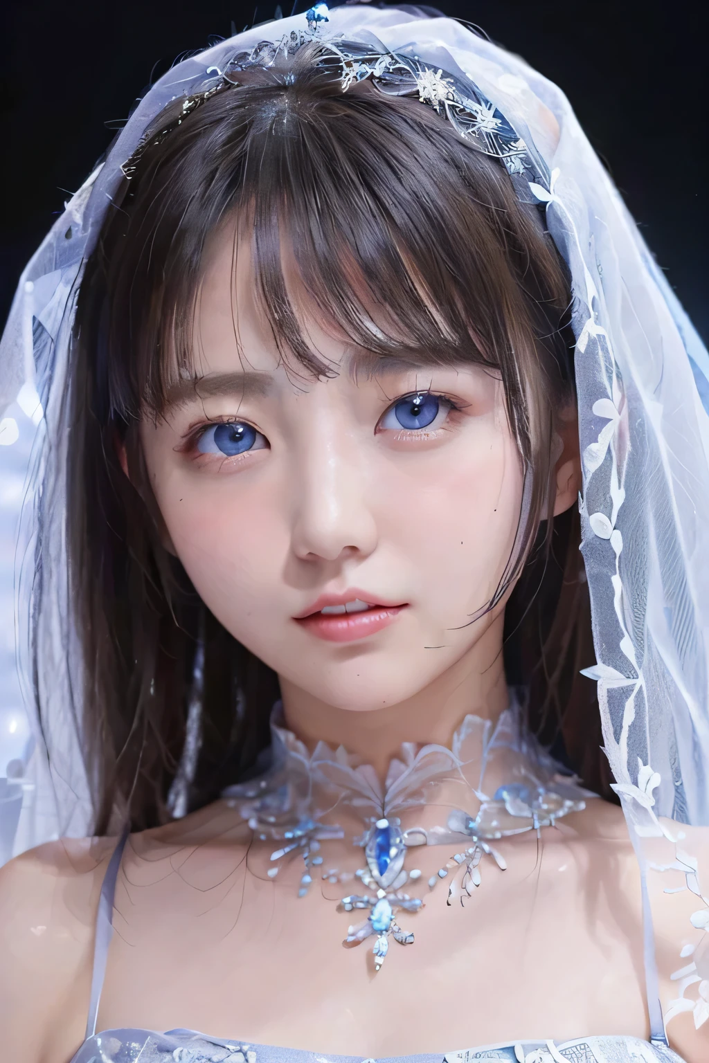 ((masterpiece))、((highest quality))、１fashi-girl、beautiful girl with a cold face、dark cave background、Watery blue eyes that glow in the dark、、flat body、slim、(Upper shot close-up)、wedding dress that glows in the dark、Wearing a veil