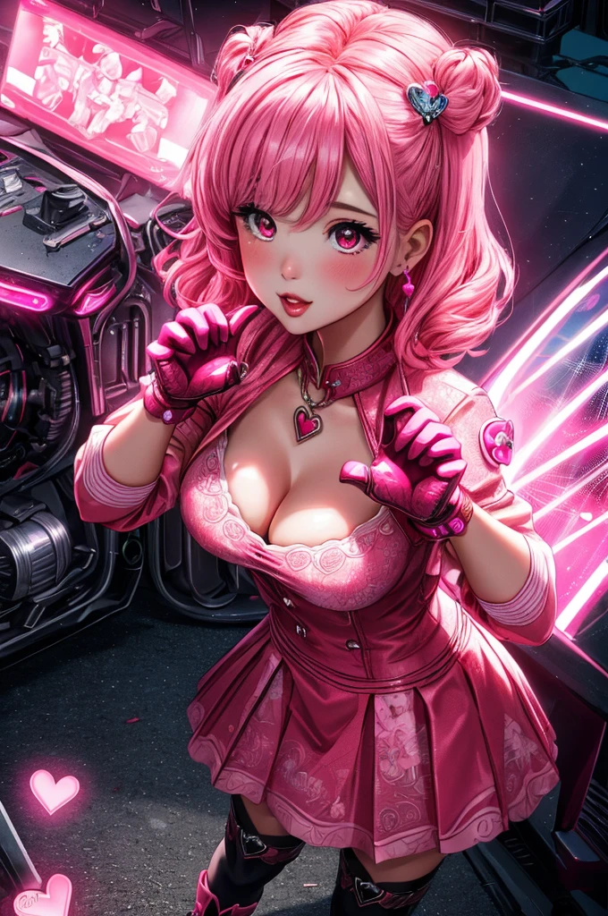 a charm girl, heart hands, pink, bright light, enhance, intricate, (best quality, masterpiece, Representative work, official art, Professional, 8k)