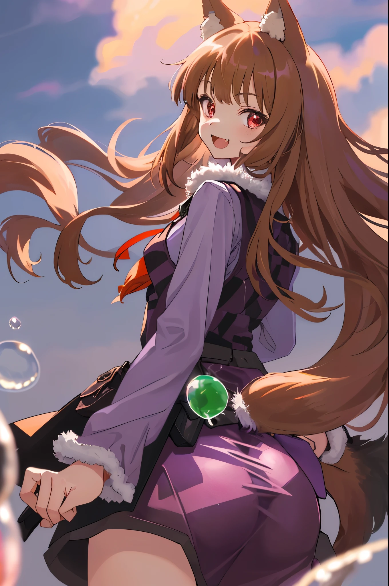 1 girl, portrait, animal ears, bangs, Light brown hair, floating hair, (Holo), (spice and wolf), ((Long sleeve purple shirt)), (black fur lined vest), (black fur lined skirt), (tunic), long hair, outdoors, ((red and pink checkered neck pouch)), (big wide smile), (red eyes), wide open mouth, fang, slender, ((fur dress)), smile, meadow, solo, (tail), wolf ears, wolf girl, wolf tail, pouch,  woman, (looking back at viewer), ((pert bubble butt))