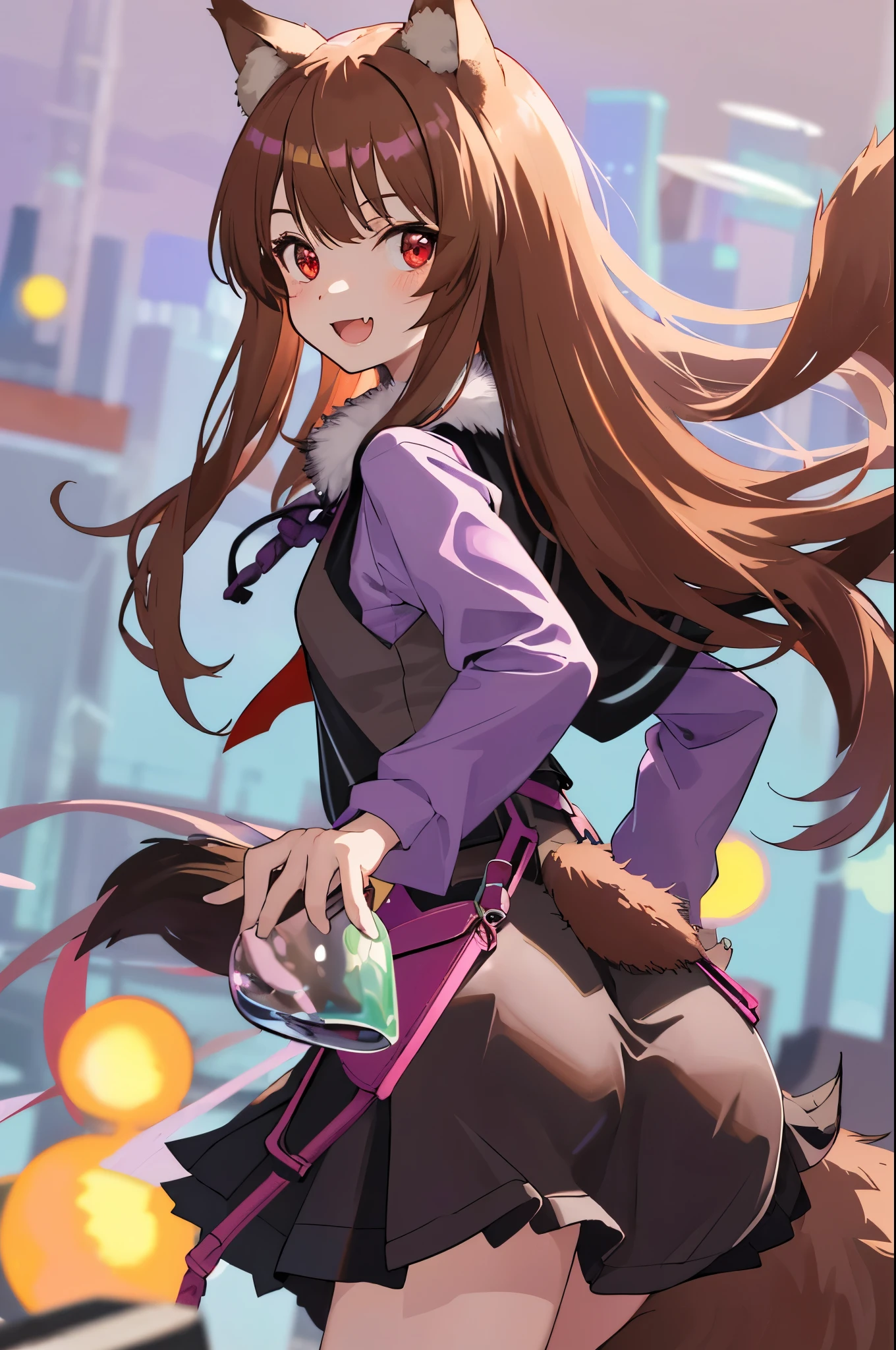 1 girl, portrait, animal ears, bangs, Light brown hair, floating hair, (Holo), (spice and wolf), ((Long sleeve purple shirt)), (black fur lined vest), (black fur lined skirt), (tunic), long hair, outdoors, ((red and pink checkered neck pouch)), (big wide smile), (red eyes), wide open mouth, fang, slender, ((fur dress)), smile, meadow, solo, (tail), wolf ears, wolf girl, wolf tail, pouch,  woman, (looking back at viewer), ((pert bubble butt))