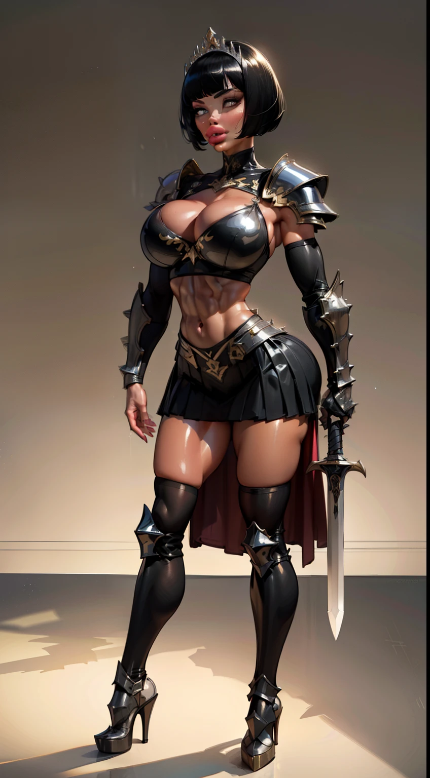 woman, bobcut, blondehair, ((black skin:1.4)), adorned in medieval armor, twerking, metal muscles, emanating a medieval elegance and marvel, armor pump boots, chrome reflective bra, chrome silver tiara, small armband, (shoulder armor), gauntlets, armored skirt, sword, shield, exposed midriff, (puffy lips:1.3), detailed eyes, ((slendered abs )),((huge breastull bodied), wide hips, (puffy lips:1.5), slender abs,rim lighting, side light, cinematic light, ultra high definition, 8k, film grain,best shadow, light particles, detailed skin texture, detailed gem armor texture, detailed face, intricate details, super detailed, bright, spiked heel boots