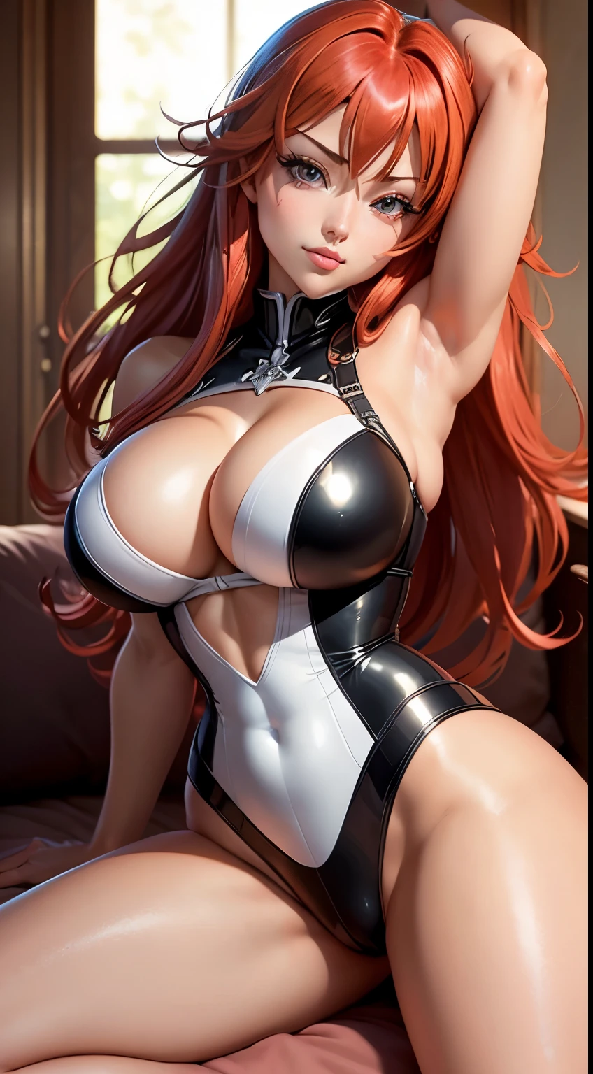 Best quality,Amazing,Masterpiece,Ultra detailed,intricately details,Beautiful detailed,8K resolution, (Extremely detailed Cg Unity 8K wallpaper), sharp focus, ((No text)), breast conscious, gigantic cleavage breasts, bursting breasts, lively breasts, framed breasts, perfect Makeup, ahegao, Red eyes, Solo, Female pervert, view the viewer, sitting on bed, spreading legs, cameltoe pussy, hair, Red hair, Shiny hair, Thick thighs, white Latex, ((High School DxD character Rias Gremory)),
