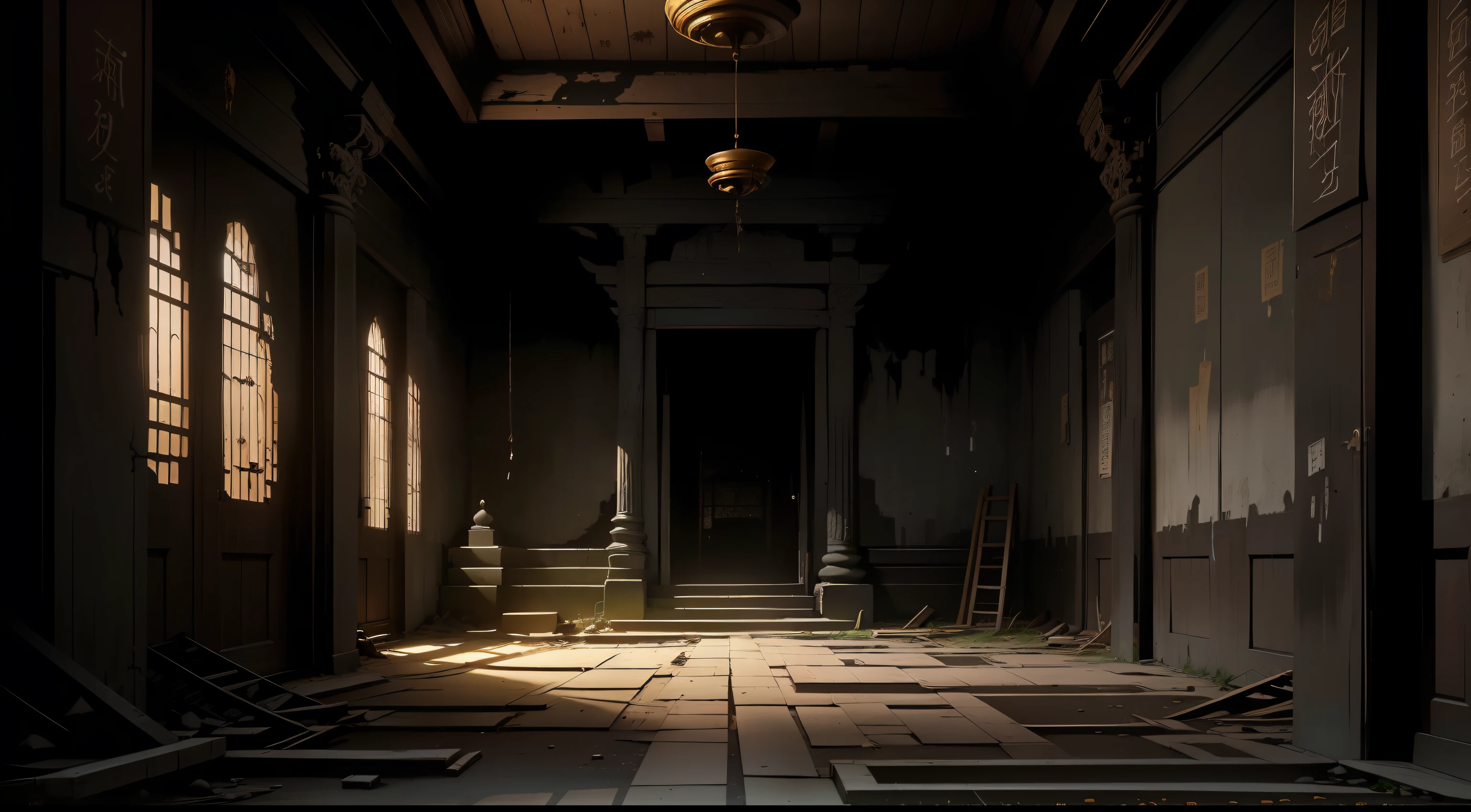 It's pitch black，Dilapidated temple interior