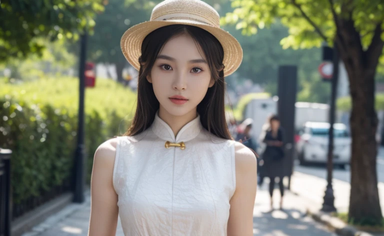 best quality, 8k, Casual dress,street, Highly detailed facial and skin textures, delicate eyes, Just one person,Chinese girl,wearing a hat,The costumes are detailed and complete,slim body,Natural expressions,Soft light and shadow,The proportions of the characters are reasonable,Normal human eyes,Eyes are delicately drawn,Delicate facial details,Detailed sculpting of upper body,Attention to detail,The texture is delicate,vivid emotional description,meticulous detail。