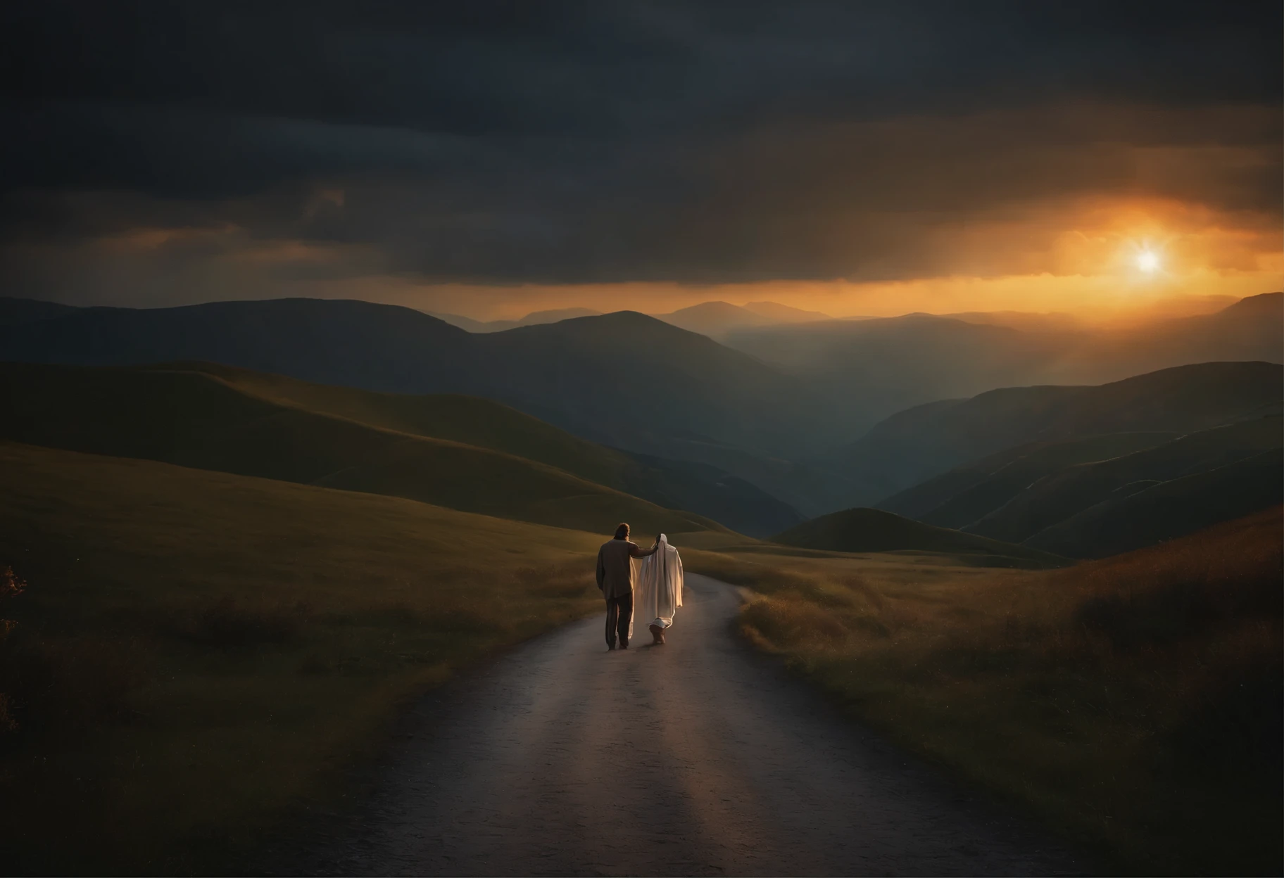 Create an image prompt in English depicting a man in the midst of darkness, with Jesus Christ holding his hand and pointing towards a road leading to paradise, symbolizing that He is the way, the truth, and the life. Emphasize the transformative journey from darkness to light, using a visually engaging and compelling composition. Consider incorporating elements that resonate with hope, faith, and the guidance provided by Jesus.