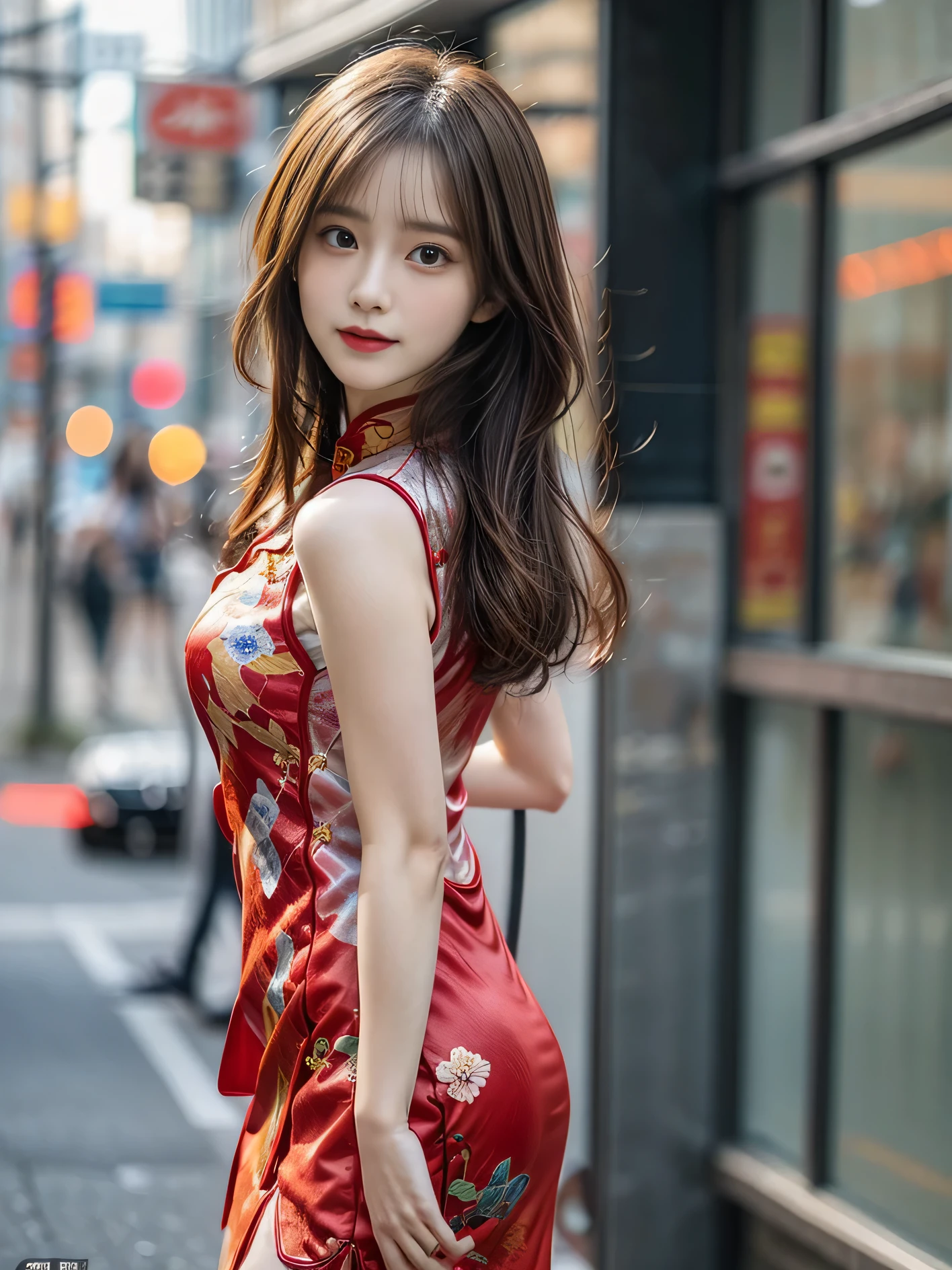 1 girl，20 years old, 170cm tall、Physical coordination、Proportions are well-proportioned、standing on the street，Bright backlight, alone, {Beautiful eyes details 1.3）（round eyes：1.8） , Highly detailed facial and skin textures, Natural and soft light, dark brown hair，natural drape, Exquisite facial features, blunt bangs, beautiful korean girl, Eyes are bright, happy smile 、(She wore an exquisite red embroidered cheongsam:1.3)、(She is wearing an exquisite short cheongsam:1.3)、Wearing red high heels，hands in pockets、E杯、Realistic cleavage，film grain，full-body shot，Slender legs，masterpiece, best quality, light, Super detailed,, ultra high resolution, 8k wallpaper, Perfect dynamic composition, Exquisite facial features，It's a perfect face,Facing the peak of sexual arousal, looking at the audience，hair natural，clavicle，Ultimate light and shadow，(Skin texture is extremely delicate1.3), (Perfect details: 1.1),Looks a lot like actor Yang Mi，