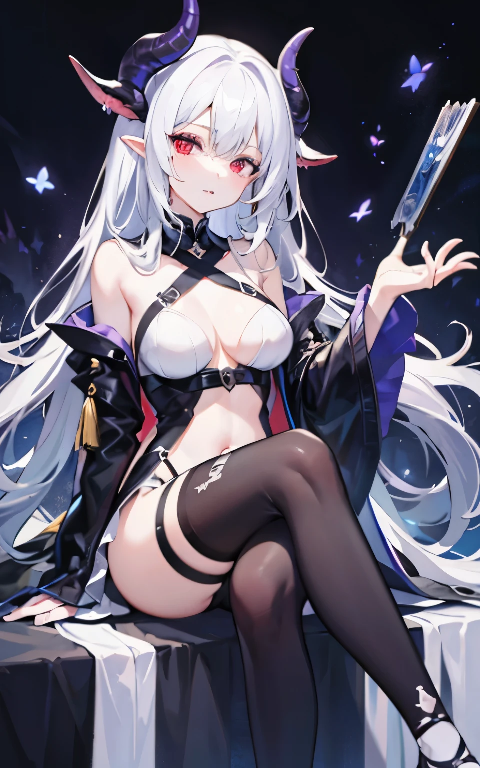 pale skin，dark风，wearing leg rings，long white hair，black eye shadow，red eyes，Abstinence，dark，goat horn，sickle，grim Reaper，sitting，succubus
