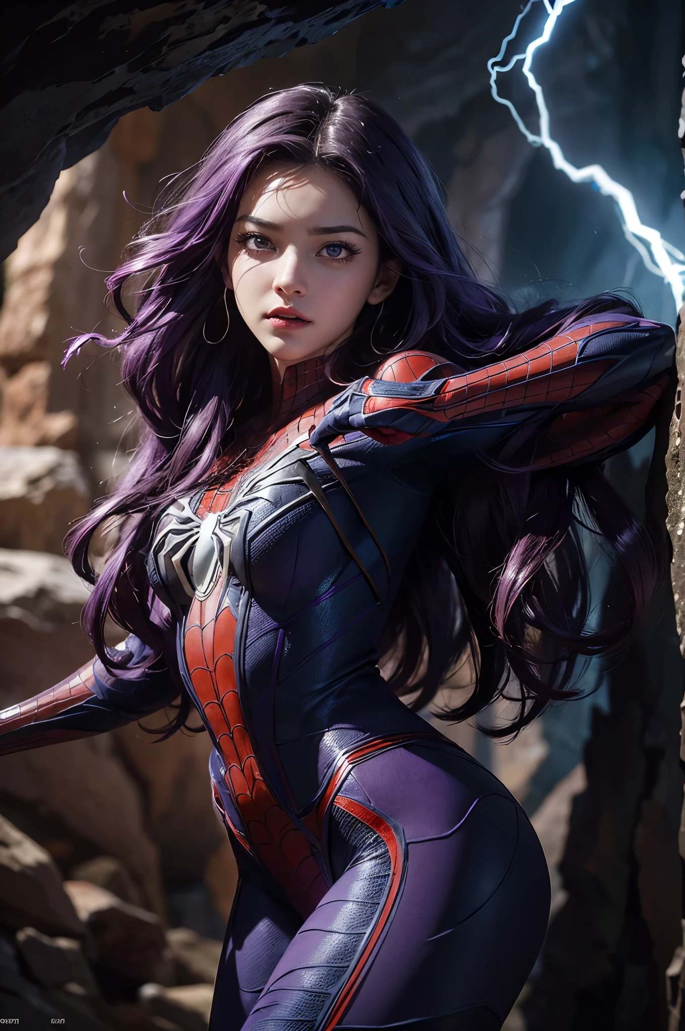(Extreme Detail CG Unity 8K wallpaper, masterpiece, highest quality), (Exquisite lighting and shadow, highly dramatic picture, Cinematic lens effect), a beautiful girl in a purple Spider-Man costume, purple curly hair color, long hair, braiding hair, beautiful purple eye, evil face, pursed lips, Blue Lightning Point one's finger at oneself, from the Spider-Man parallel universe, Wenger, Marvel, Spider-Man, on the cave, very beautiful face, dynamic pose), (excellent detail, excellent lighting, wide angle), (excellent rendego on cave, enough to stand out in cave, clasocus on purple Spider-Man costumes, complex spider textures