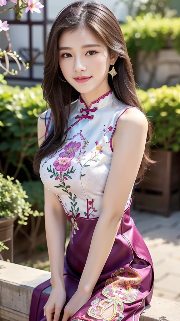 ulzzang -6500-v1.1, (Photo raw:1.2), (Photorealistic:1.4), Delicate beautiful girl, Glittering eyes have a very pleasant atmosphere................ . ......,13 years old, Attractive eyes and moist lips, cabelos preto e longos,（ssmile：1.3）,Detailed facial depiction, Formula details, Detailed facial feature depiction Star Masterpiece Fine Detail, Explain the role You in detail ,Detailed hair drawing, Carefully drawn, My body is wavy, Detailed hand drawing, Detailed drawing of clothes, Detailed drawing of face, Perfect face, Detailed hand drawing, 4 fingers and 1 thumb：1 ,3）,orthofacial,choker necklace, earrings, Expert work, Very close to reality, (Full body photo： 1.5）), Highest image quality, best quality, unlimited details, 8K分辨率,(( (Beautiful patterned embroidered cheongsam 1.5)))((Pink lavender long skirt cheongsam)))（Ancient courtyard scene：1.3）,Smile, Narrowed lower back, sexy pose,Bold pose, Beautiful legs visible through the slit of the long skirt , big full breasts, neat flowing hair,(Full Body), (cute face: 1.15), (big breasts: 1.2) high heels, big sexy hips, medium sexy thighs