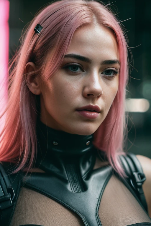 ((masterpiece)), RAW photo, (photo realistic:1.2), (extremely detailed), (sexy, erotic), High Detail, Sharp focus, beautiful eyes, detailed eyes, detailed face, perfect facial details, perfect mouth, detailed lips, solo, woman, pink hair, (cyberpunk bodysuit), kneeling, (realistic detailed skin), outdoors, cyberpunk, night, rain, volumetric lighting, (film grain:1.2),