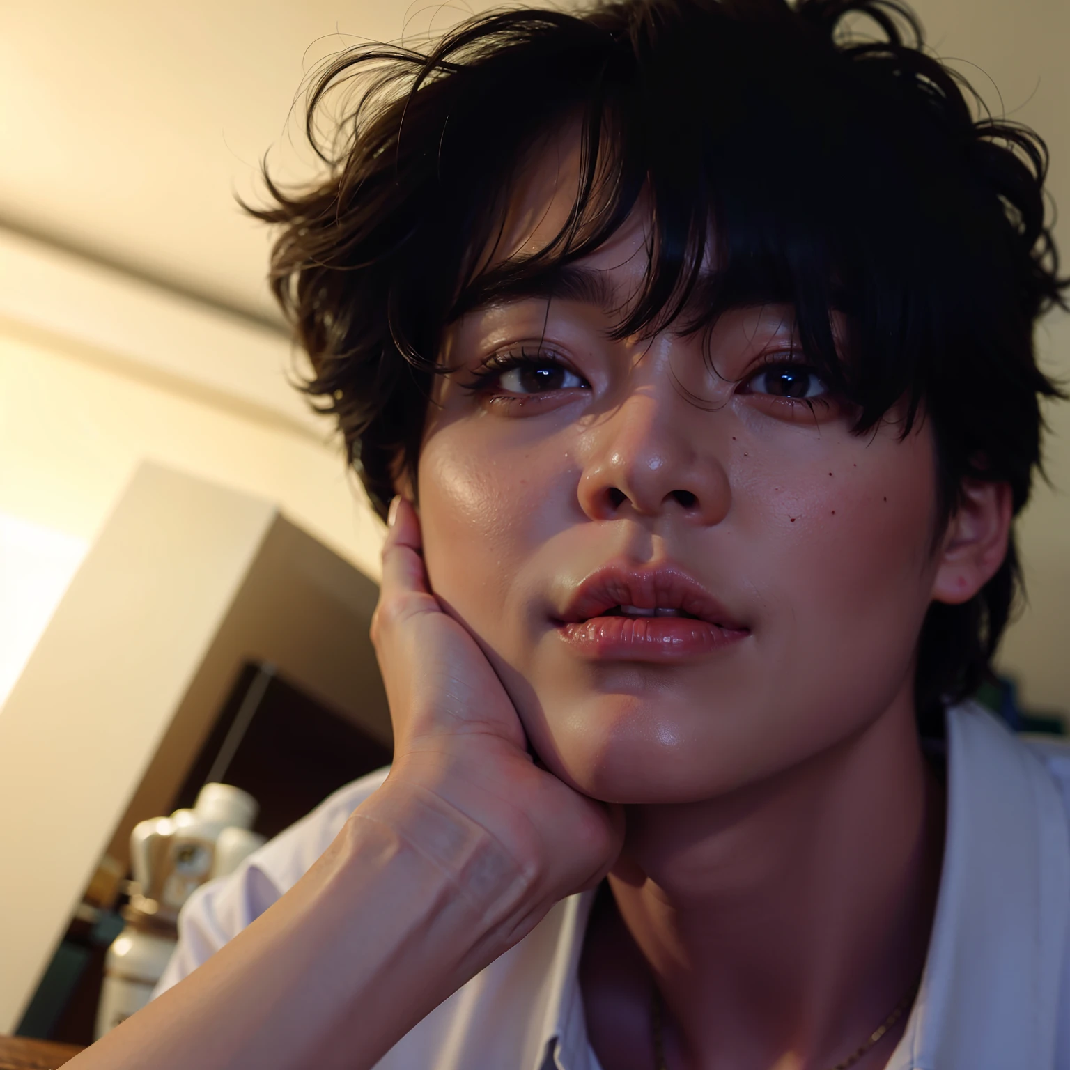 Arafed Asian man with a white shirt and black hair, young pale angel, Jungkook, Taehyung comendo batatas fritas Gucci, adorable and pale korean face, Jimin\the full lips, And that, imagem de perfil, Jimin, rosto bonito, pintar ulzzang, handsome androgynous prince, beautiful young prince, Jinyoung Shin, capturado no iphone, taejune kim