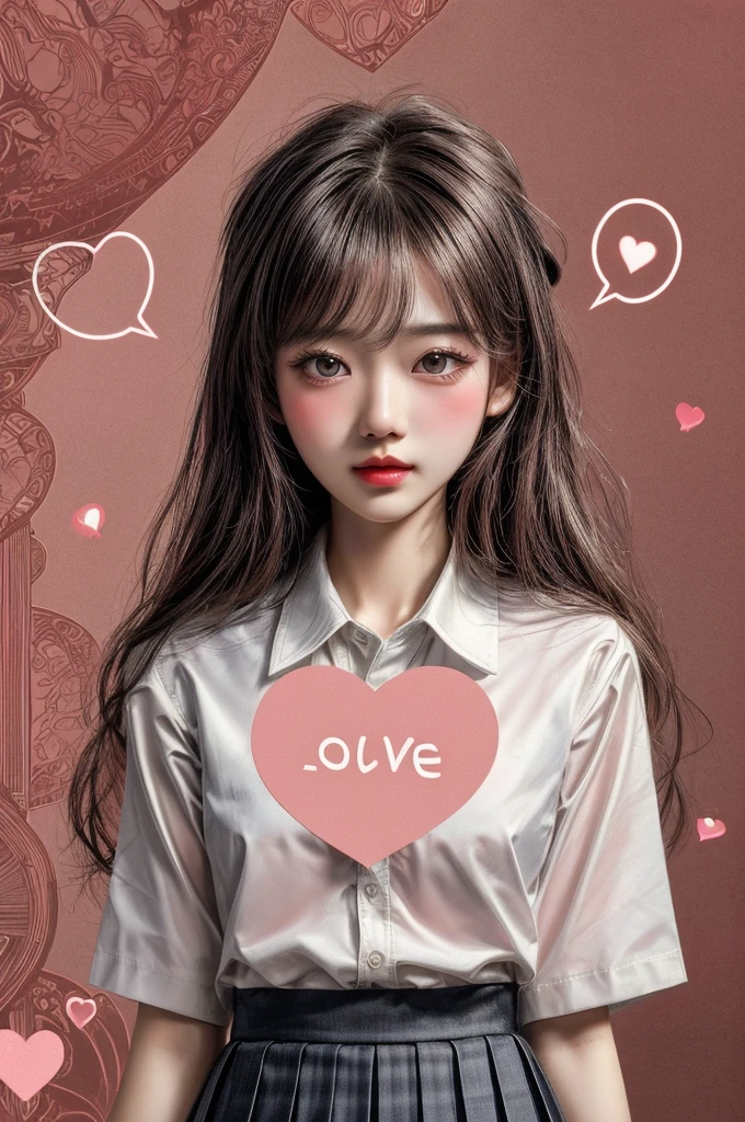 a girl, blush, heart, pleated skirt, school uniform, speech bubble, spoken heart, heart pattern background, dreamlike art, dreamy, Surreal, enhance, intricate, (best quality, masterpiece, Representative work, official art, Professional, 8k)