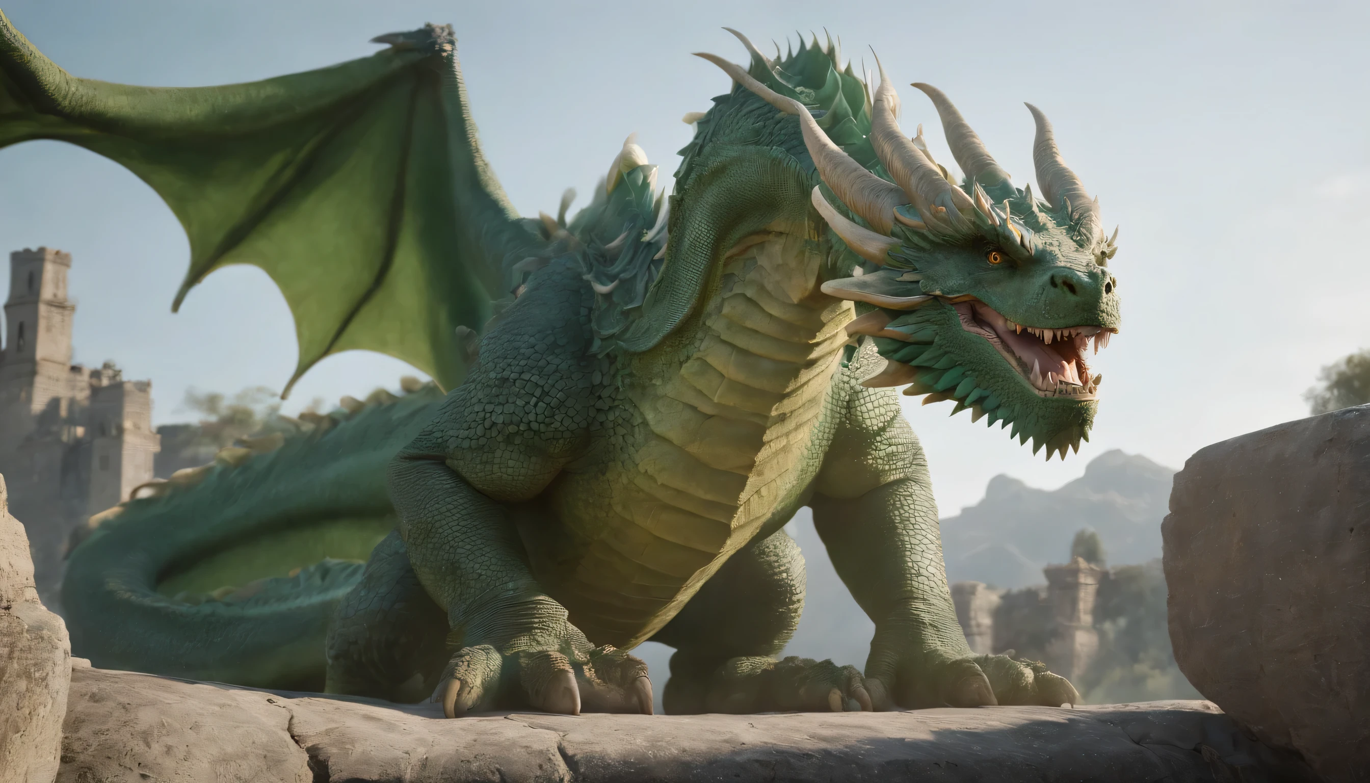 A giant Green Dragon looking a hero with sword,mythological beasts,high quality,8K,rich details,Great,Holy,sharp talons, ancient ruin gate