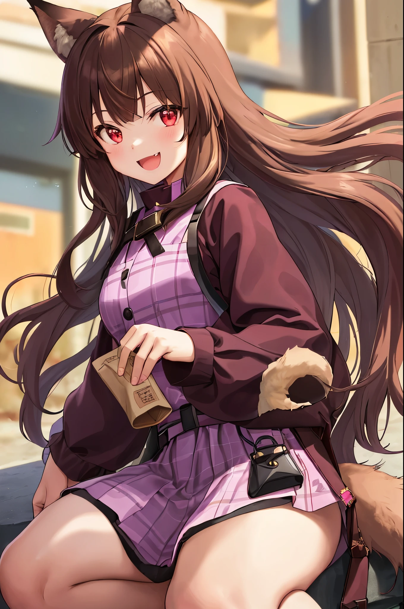 1 girl, portrait, animal ears, bangs, Light brown hair, floating hair, (Holo), (spice and wolf), ((Long sleeve purple shirt)), (black fur lined vest), (black fur lined skirt), (tunic), long hair, outdoors, ((red and pink checkered neck pouch)), (big wide smile), (red eyes), wide open mouth, fang, slender, ((fur dress)), smile, meadow, solo, (tail), wolf ears, wolf girl, wolf tail, sitting, pouch,  woman