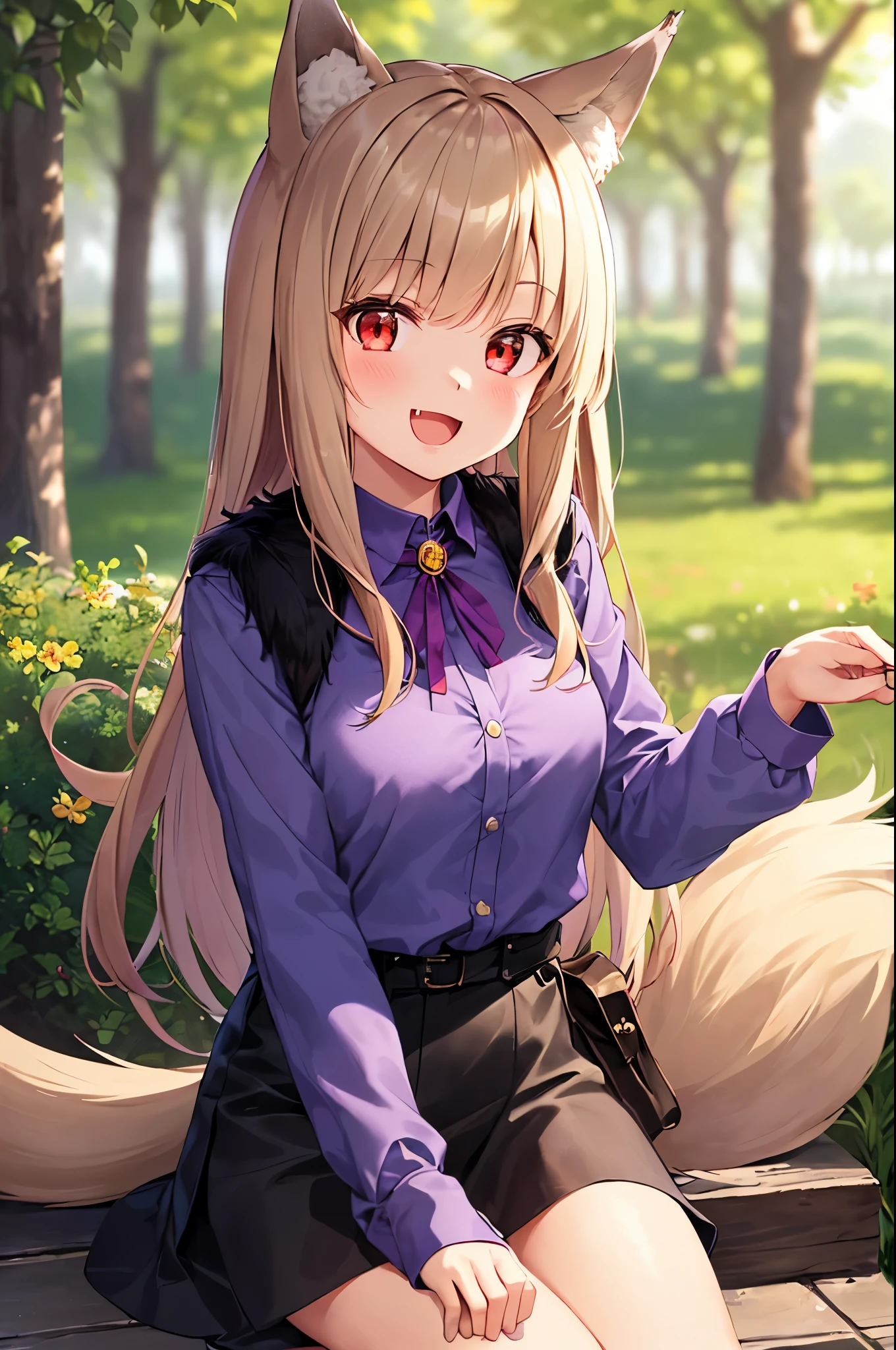 1 girl, portrait, animal ears, bangs, Light brown hair, floating hair, (Holo), (spice and wolf), ((Long sleeve purple shirt)), (black fur lined vest), (black fur lined skirt), (tunic), long hair, outdoors, ((red and pink checkered neck pouch)), (big wide smile), (red eyes), wide open mouth, fang, slender, ((fur dress)), smile, meadow, solo, (tail), wolf ears, wolf girl, wolf tail, sitting, pouch,  woman