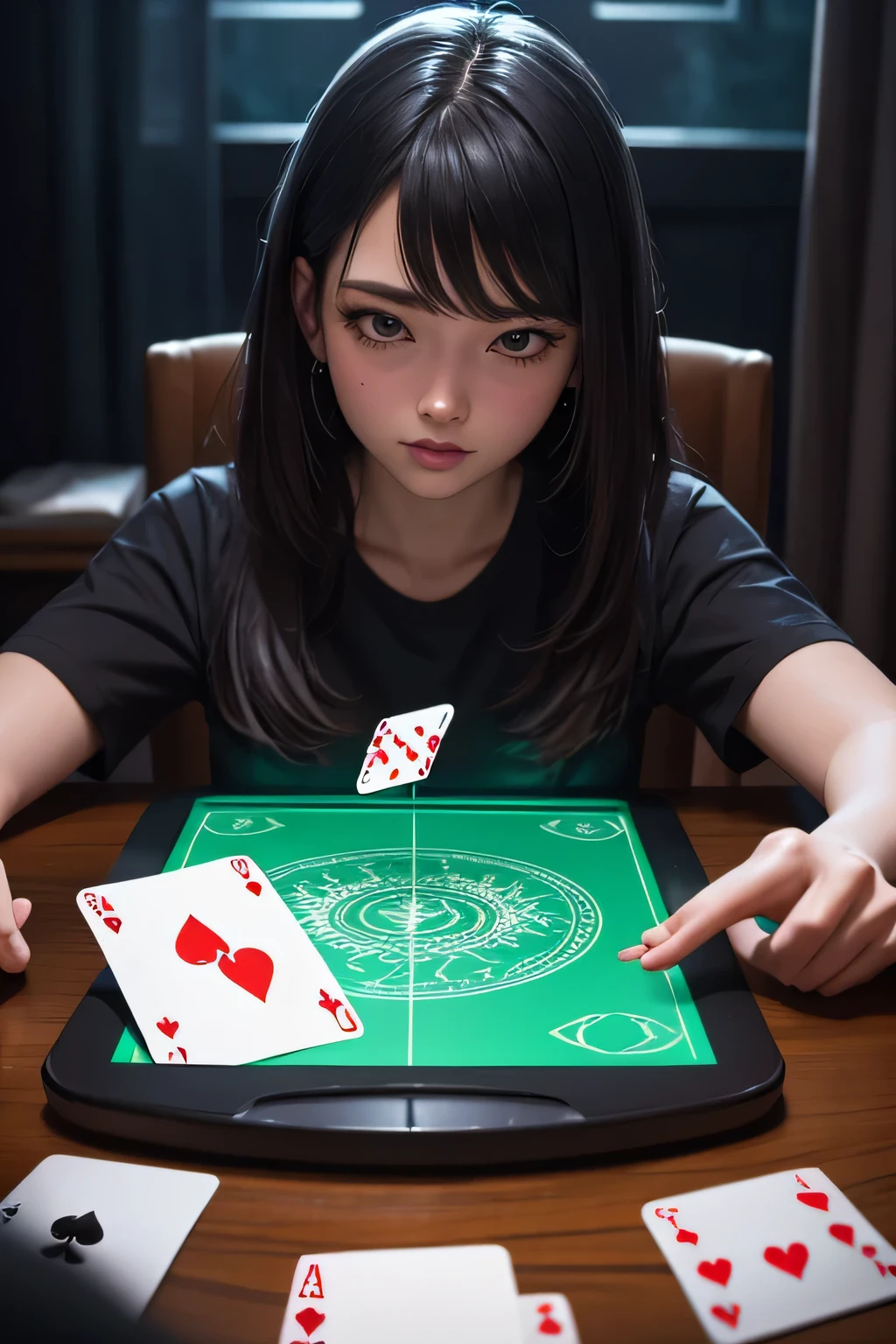 a line of many playing cards in gray rock and green neon, conrtneo, intricate details (vertically floating: 1,2) on a smooth black mirror surface, reflections, volumetric lighting, 8k uhd, ultra-sharp, ultra-detailed