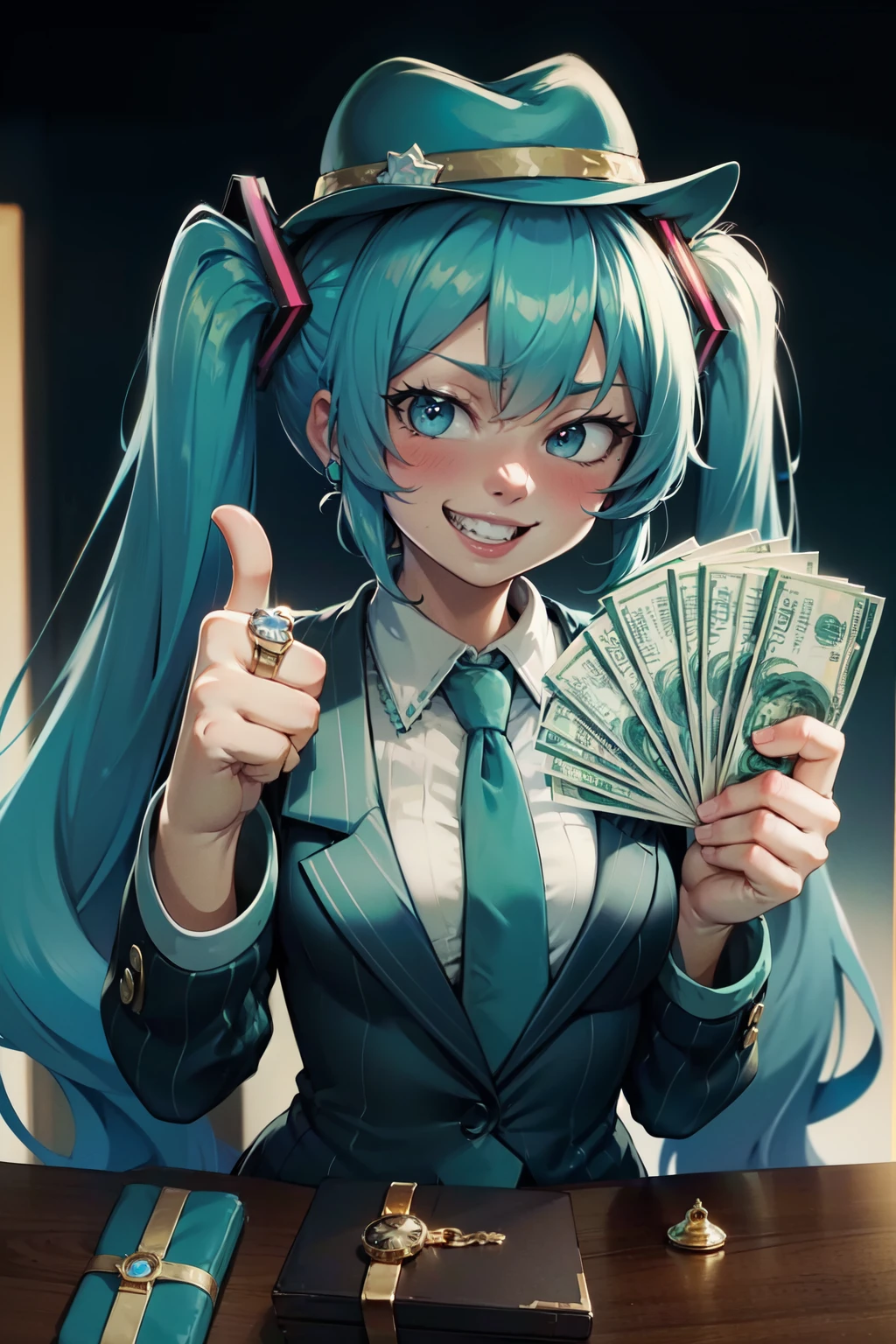 (masterpiece, best quality:1.2), gangstersb, 1girl, solo, looking at viewer, upper body, money, holding, holding money, thumbs up, hat, suit, grin, jewelry, Hatsune Miku, detailed face, torquoise hair, twintails