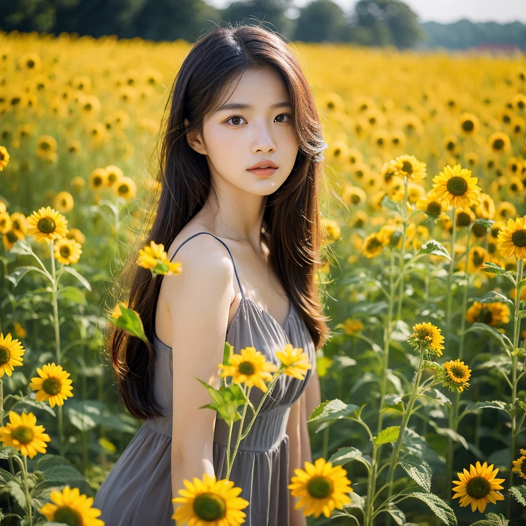 Create a photo-realistic portrait of a beautiful woman standing amongst a field of sunflower . Use light and shadow to capture the delicate contours of her face and the intricate details of her hair. 