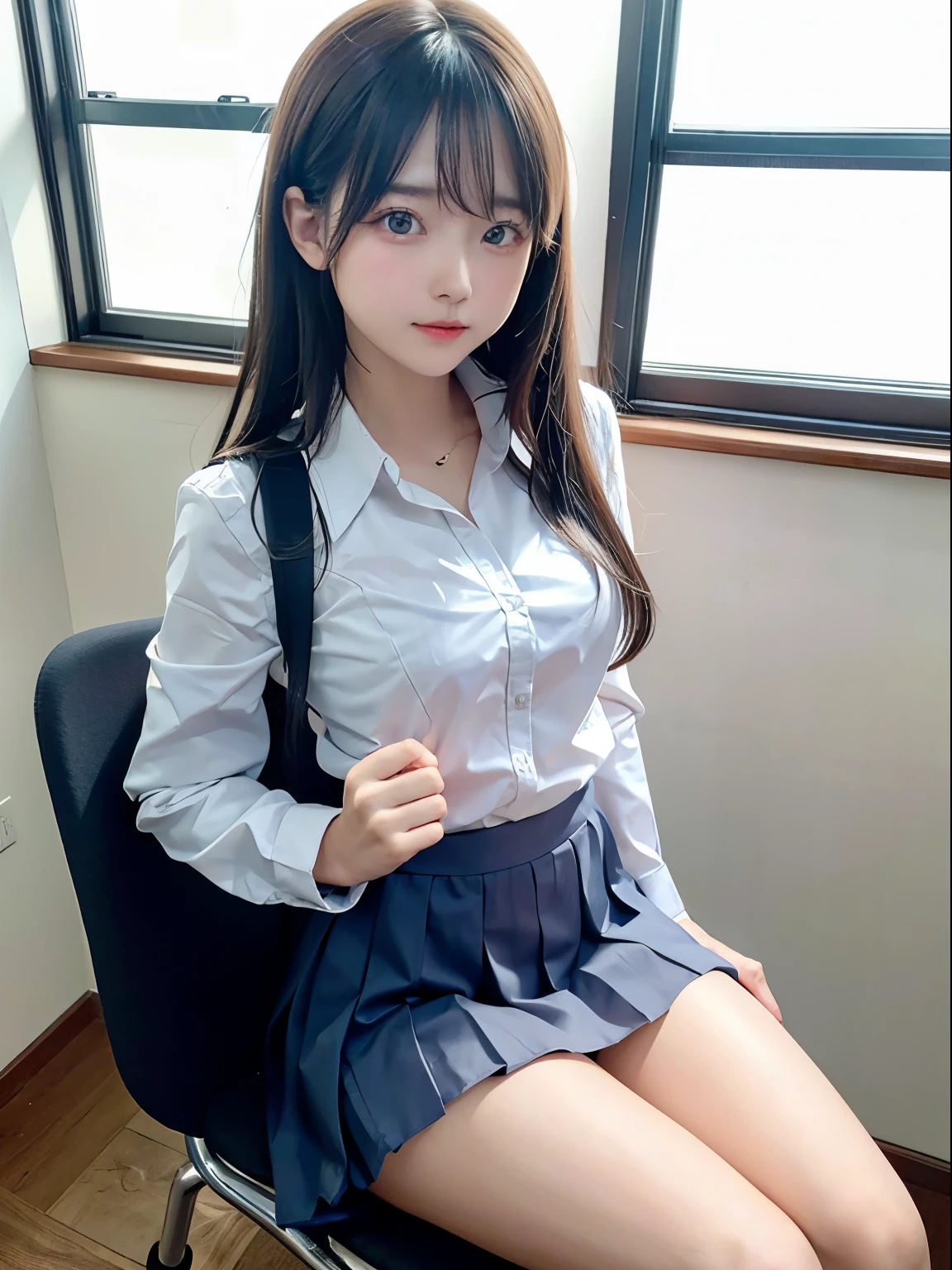 top-quality、8k picture、In a classroom with the setting sun shining through the window、1 Schoolgirl sitting on a chair、Cute Beautiful Girl、Hold your knees and sit on a chair、White blouses、a short skirt、I can't see the white panties.、slenderbody、tiny chest、toned legs、Detailed details