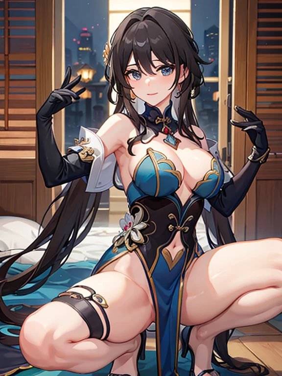 Luan Mae、Erotic、China dress、deep slit、too much exposure、D cup、slender、Hands on the crotch、facing forward、squatting with legs wide open、costume with a wide open chest、drenched in sweat、gloves、Erotic顔、No sleeve、Loosened face、steam、Navel exposed、Exposed armpits