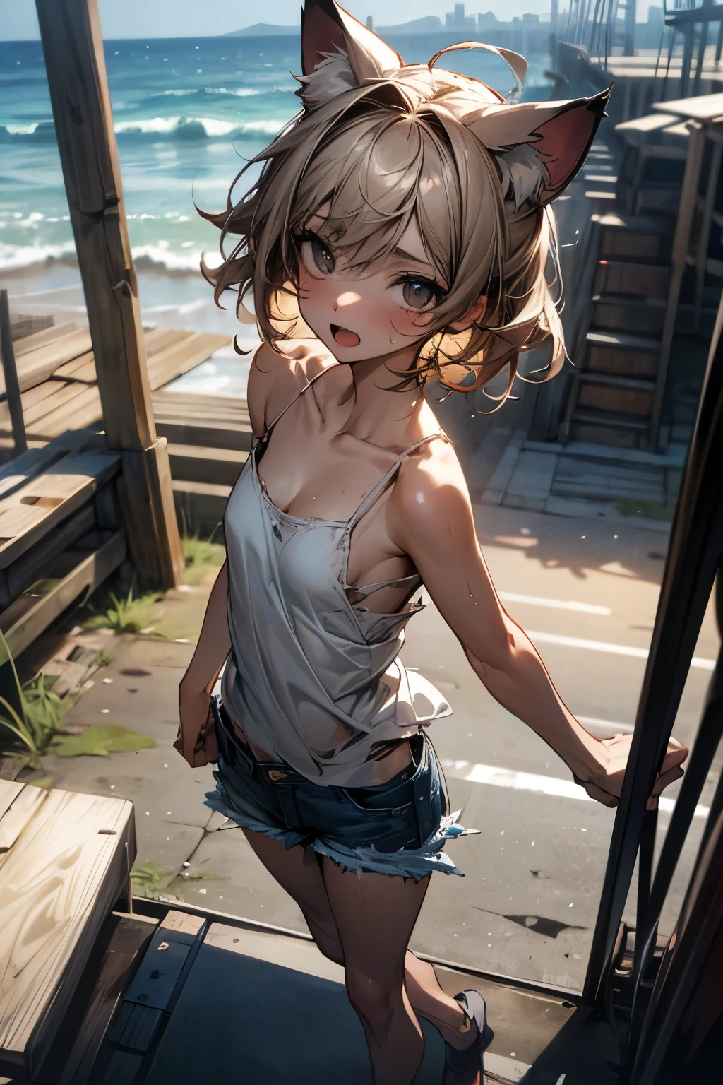 ((Masterpiece)), ((best quality)), 8K, from above, cinematic lighting, very messy hair, age girl, (walking on the tip of beautiful pier), (exposed small breast), (badly tattered and torn camisole), dirty oversized white camisole, Slender small breasts, cute eyes, (open mouth), slum townscape, Textured skin, cat ears, pale brown hair, Cute Beautiful girl,