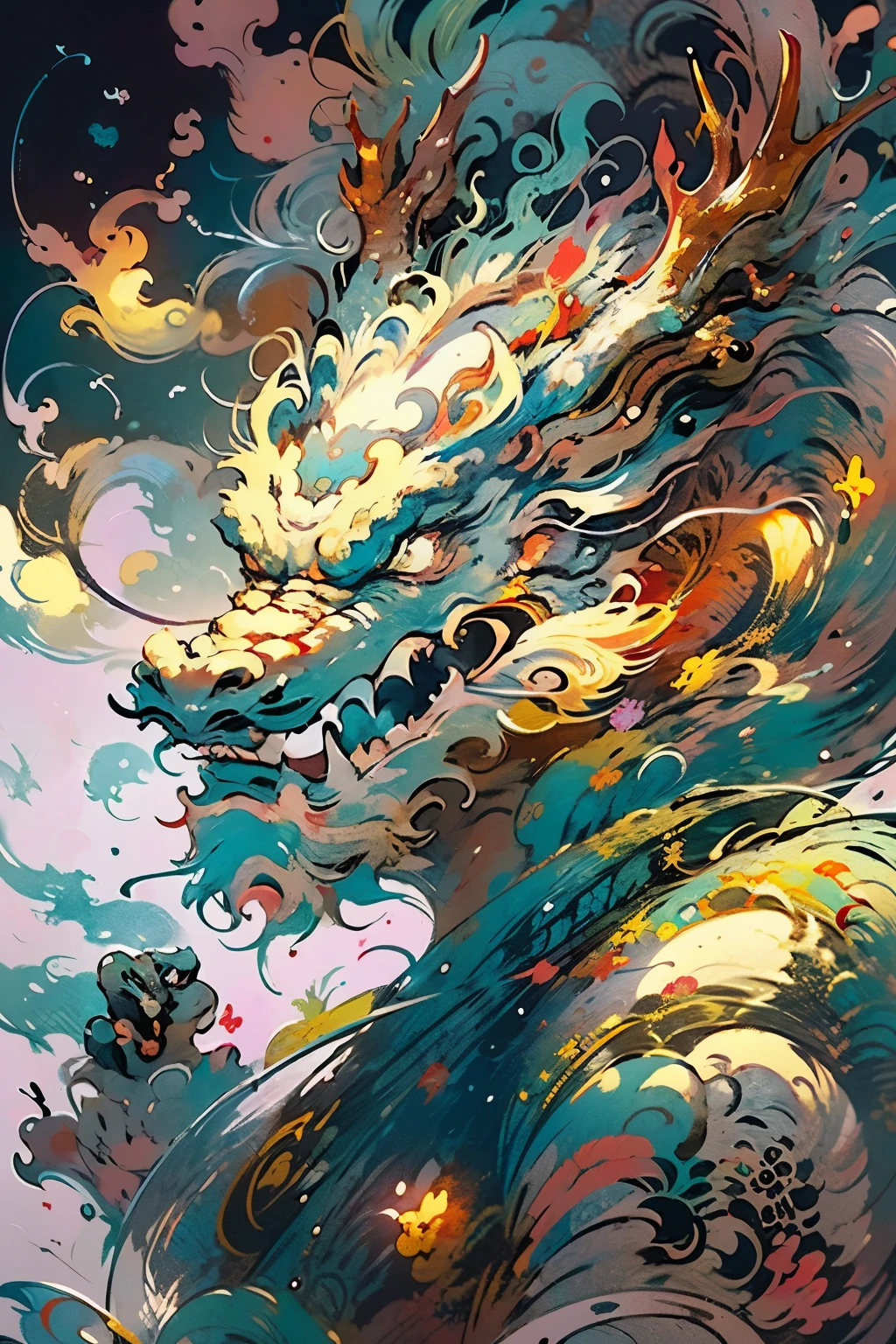 Dragon made of pure fire turned slightly to the right, made of pure fire, facing slightly to the right, close up, red dragon, dragon extremely close to the viewer, open mouth, wide open fire mouth