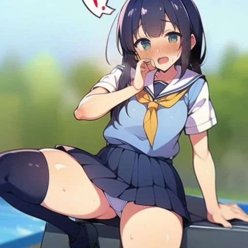 high school girl、knee high socks、flat chest、thighs、sweaty、blush、Crab crotch、Peeing、torn clothes