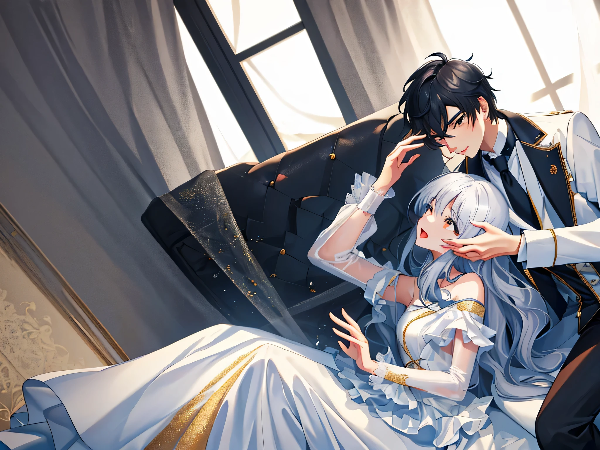 Black-haired boy, Wear a dark tie, white classic suit, black pants, Gold-edged rose pattern on cuffs, sitting on a window sill. brown hair girl, Wearing a white gauze lace wedding dress, With white transparent gauze sleeves, leaning on boy's lap