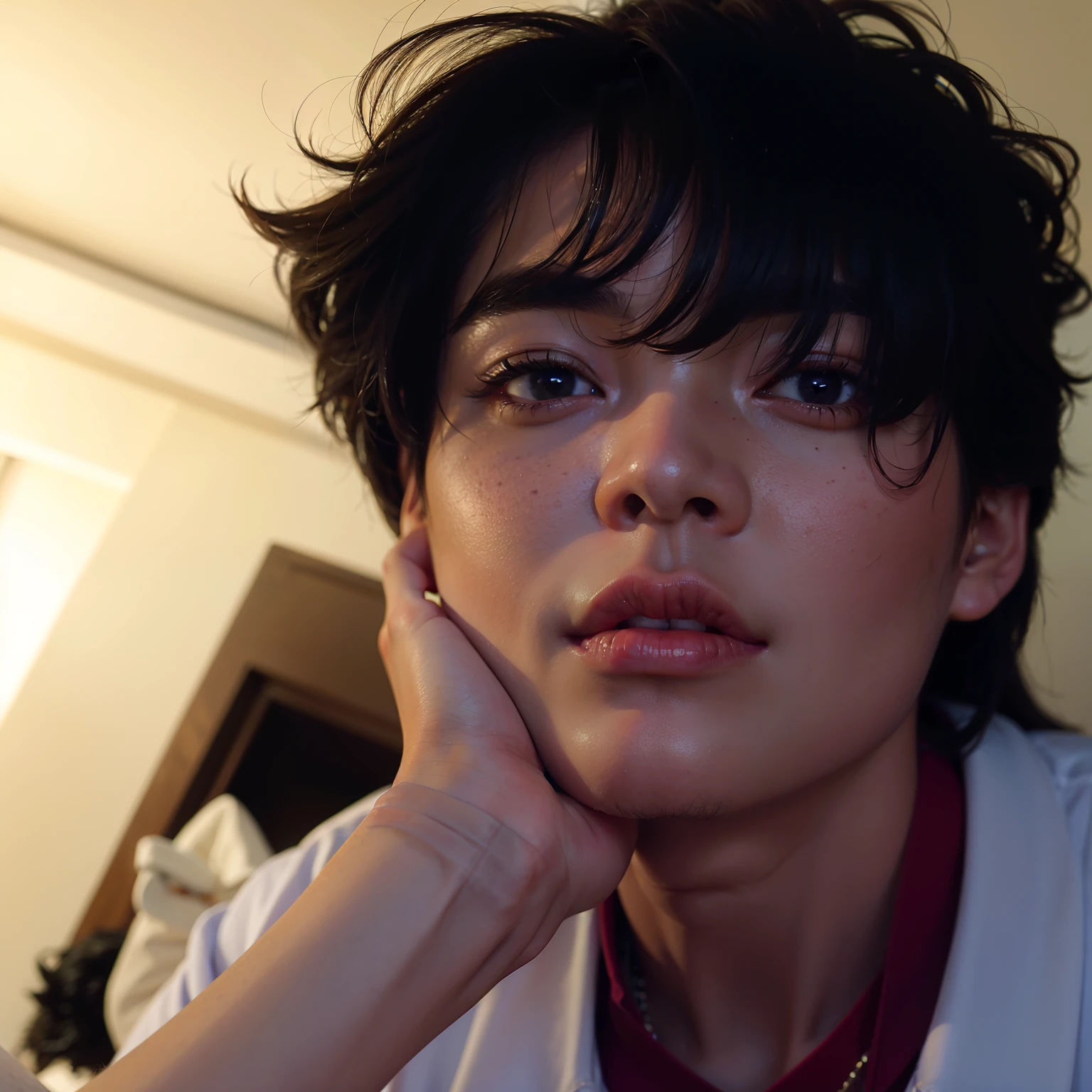 Arafed Asian man with a white shirt and black hair, young pale angel, Jungkook, Taehyung comendo batatas fritas Gucci, adorable and pale korean face, Jimin\the full lips, And that, imagem de perfil, Jimin, rosto bonito, pintar ulzzang, handsome androgynous prince, beautiful young prince, Jinyoung Shin, capturado no iphone, taejune kim