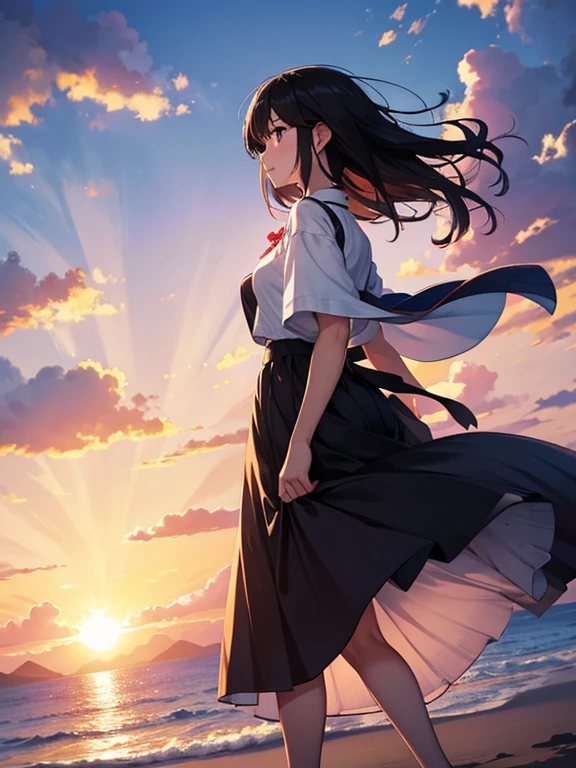 A woman watching the sunrise over the islands, the dazzling Silk Road, long skirt, summer clothes, black hair, the most magical