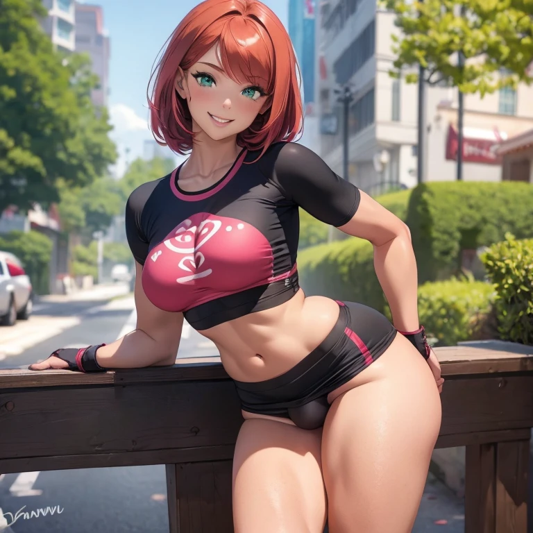 beautiful pinkish-red hair, green eyes, tanned, athletic-curvy, small breasts, Best Quality, Detailed, Perfect face, Beautiful face, 1girl, Best Quality, Highly detailed , sadistic smile pantyshot, (frombelow: 1.3), looking back, cuddling, tight sporty clothes, ass, cock buldge under clothes