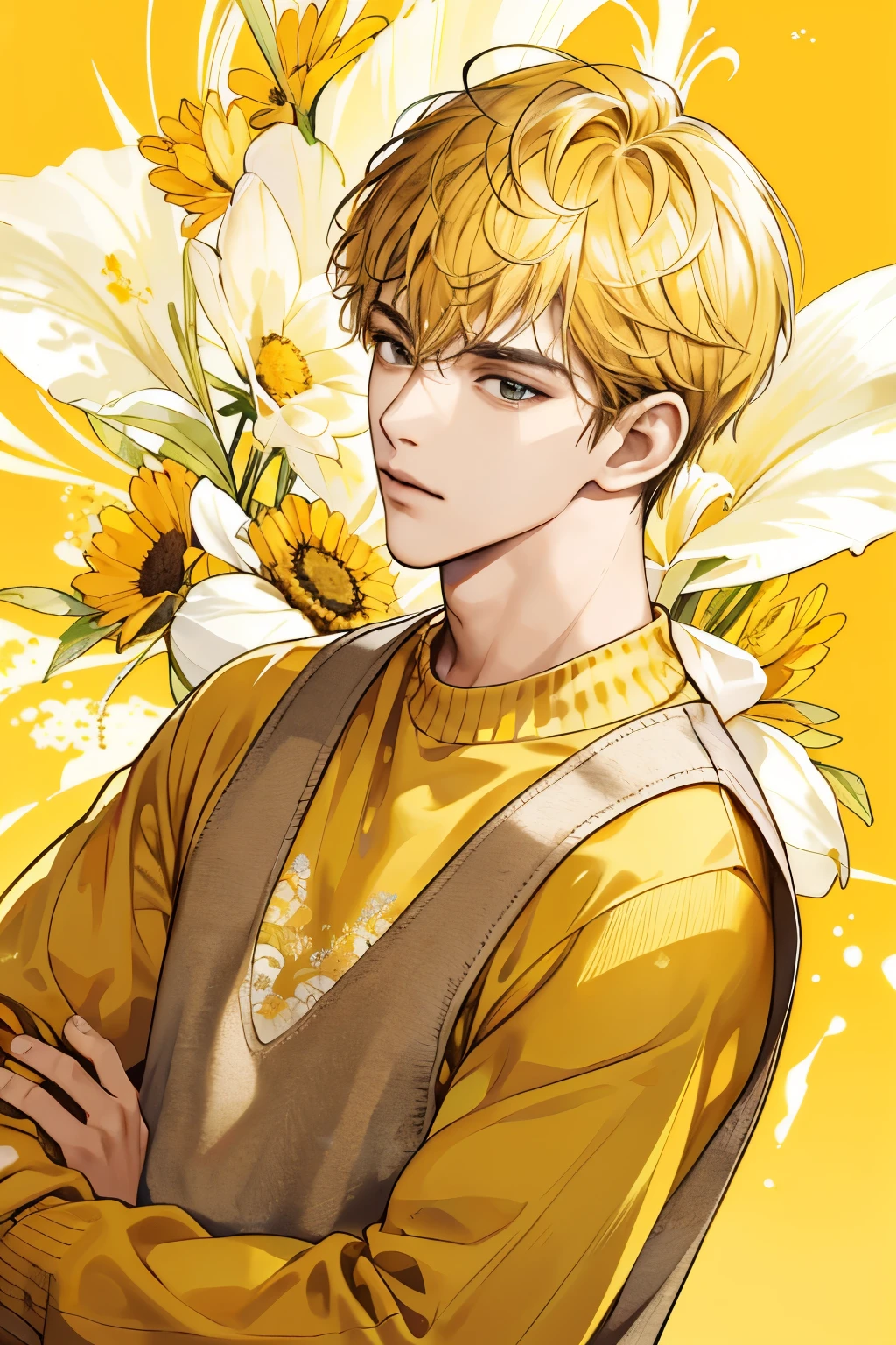 (melhor qualidade, obra de arte) High resolution illustration of a boy covered in sticky natural honey, amarelo, xarope, large sweater, comfortable, aconchegante, Close-up, textura detalhada, aroma delicioso, tasty sensation, caloroso e apetitoso,